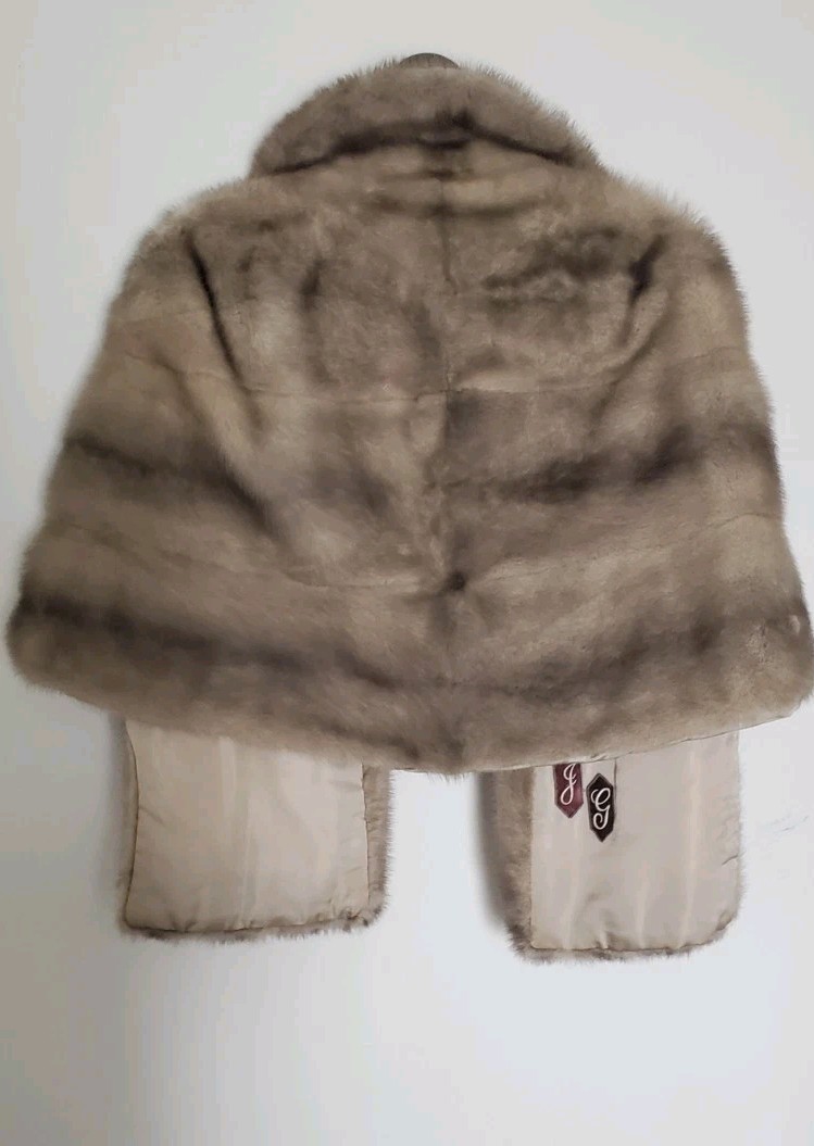 Vtg Mink Stole Gray/Beige Satin Lining Shoulder Straps One Size