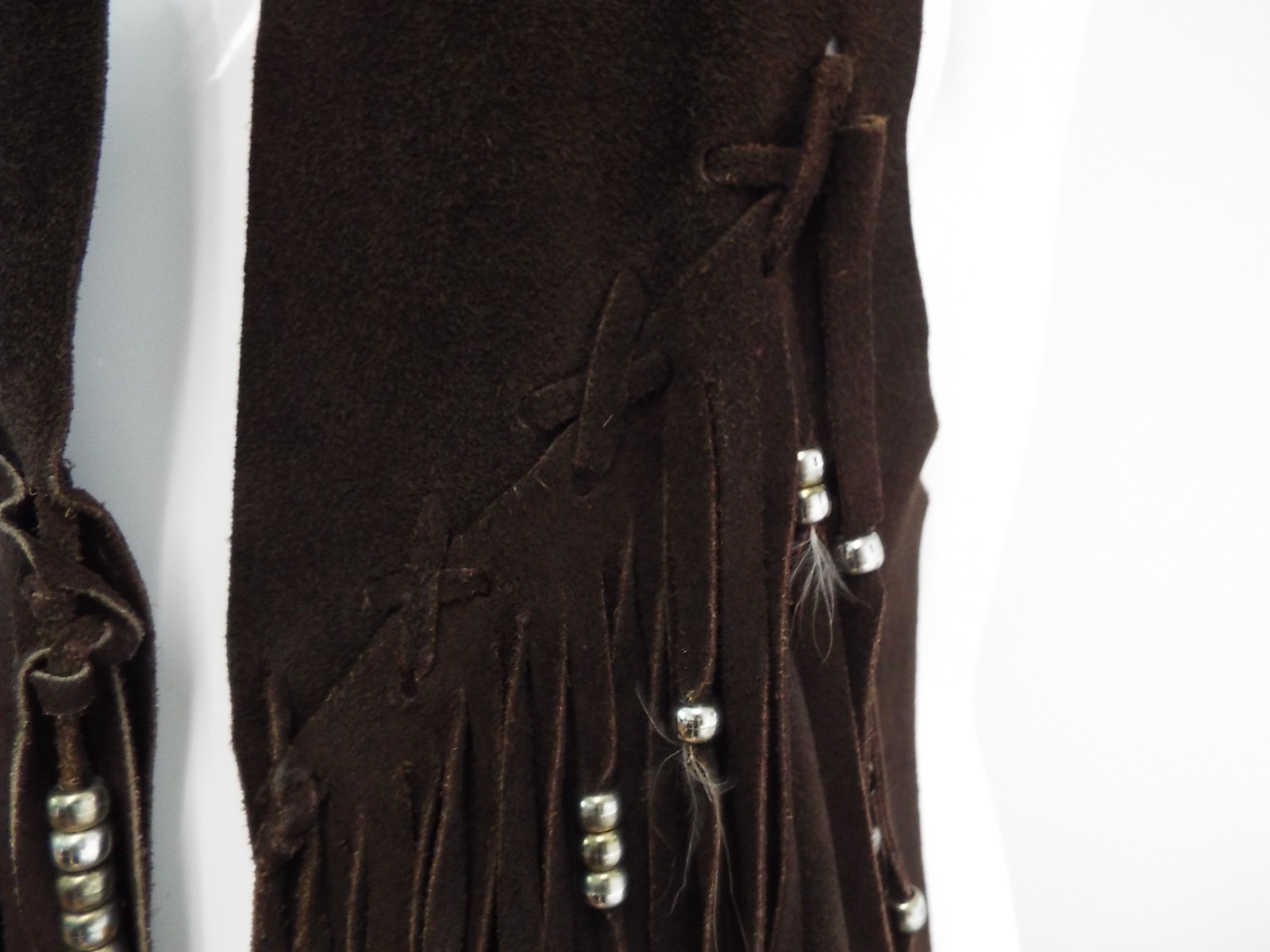 VTG 1970s Long Brown Suede Fringe Tunic Vest HIPPIE Feathers Beads Festival Boho