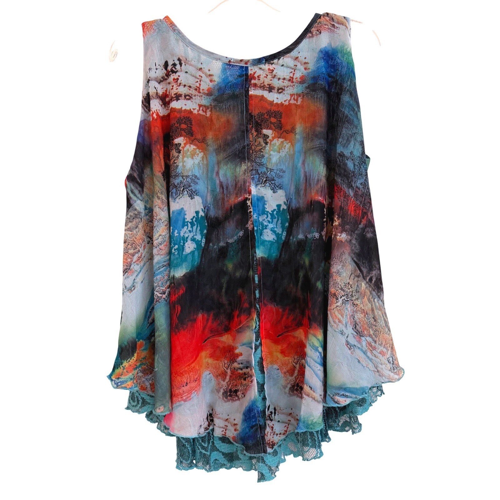 Feratelli Bohemian Abstract Artsy Print Lace Layered TankTop Lagenlook S VTG