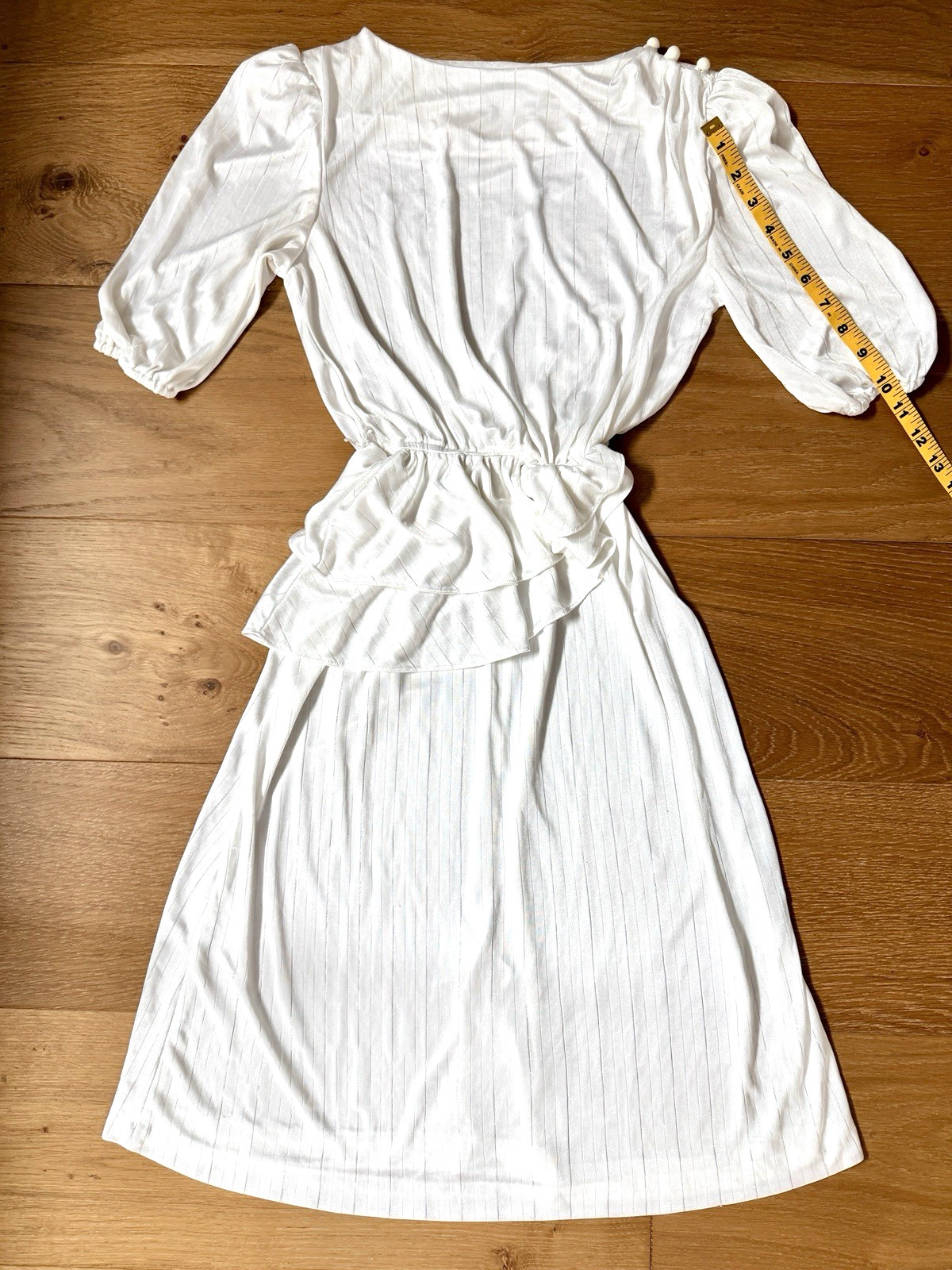 80s VTG Joni Blair Dress White Shimmer Pinstripe Peplum Puff Sleeve Shoulder Pad