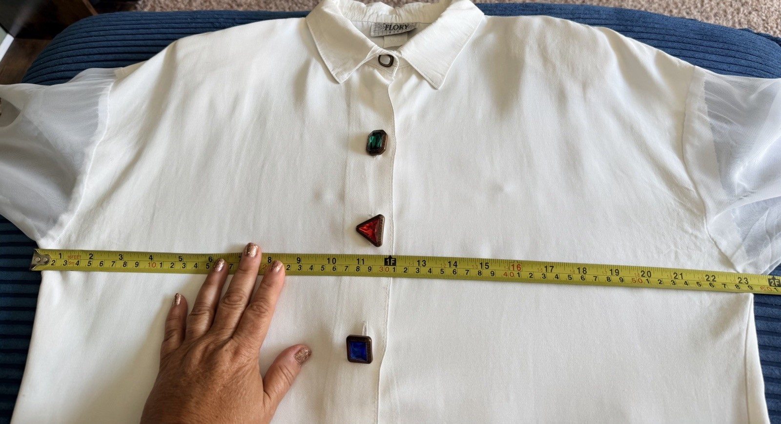 VTG 80’s FLORY USA 100% Rayon Jewel Button Down Chiffon Shirt Size M Hudson’s