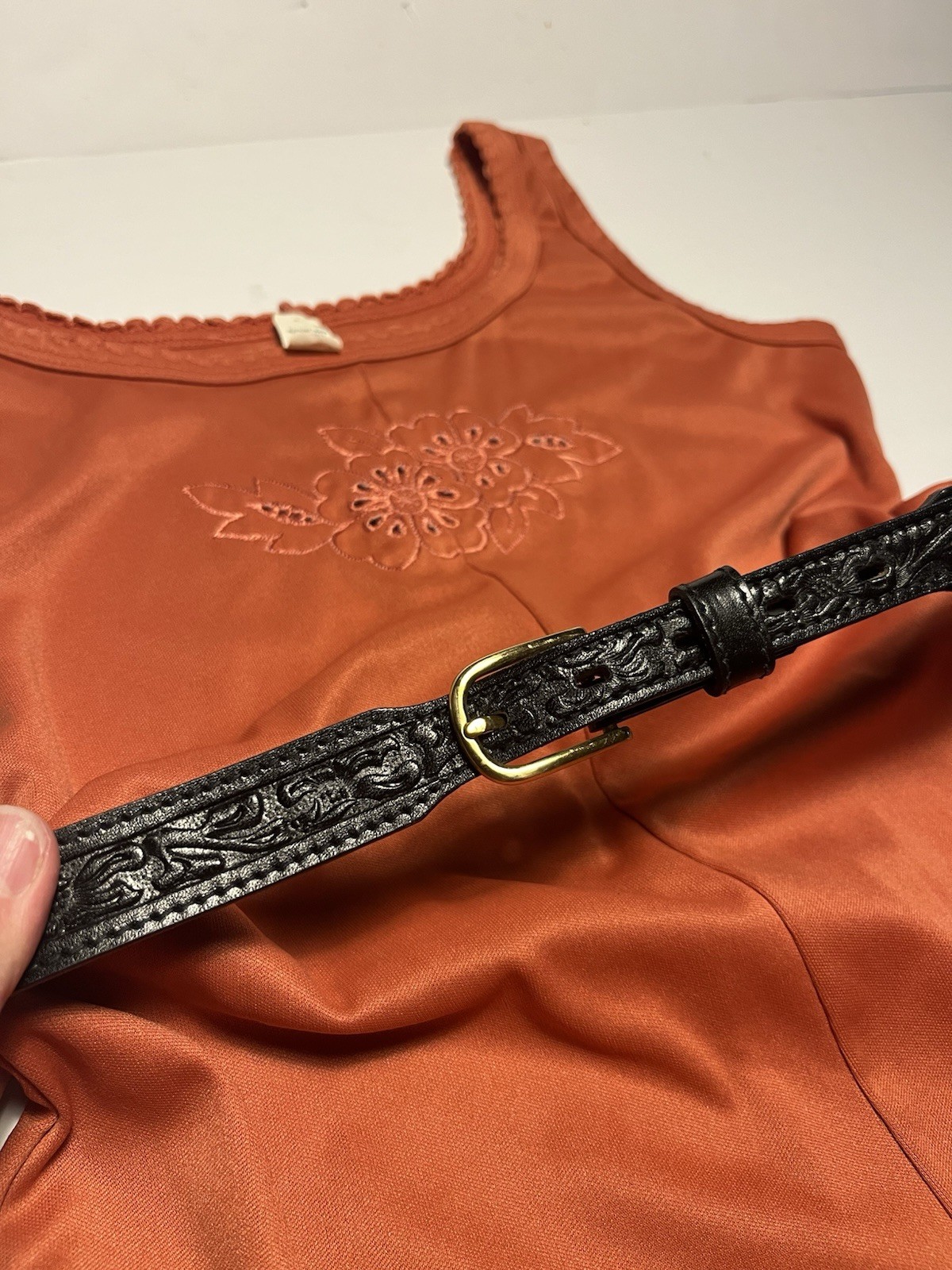 Vintage 60s 70s Size S/M Polyester Orange Dress Leather Belt