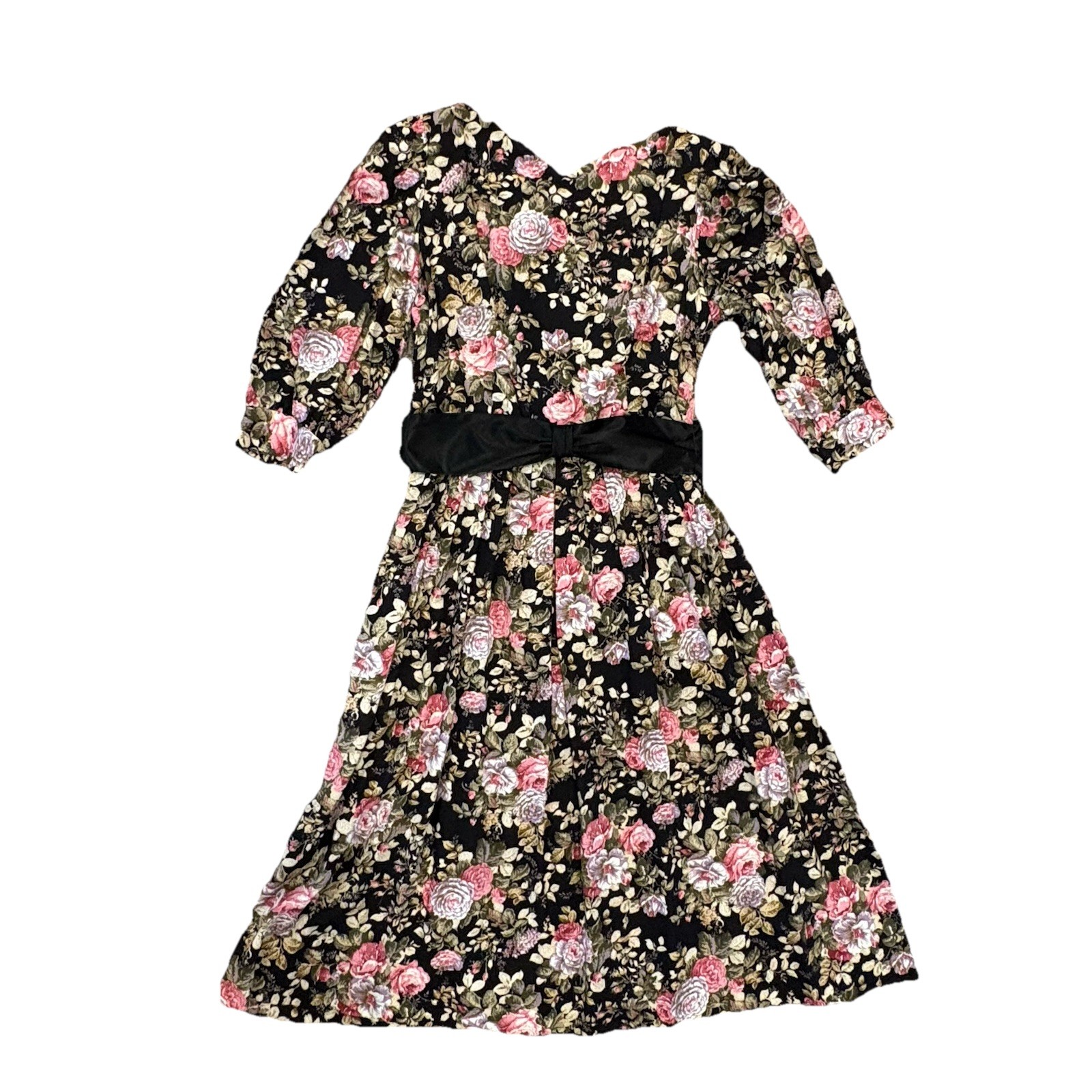 VTG Lanz 6 Petite Pink/Olive Floral On Black Midi Tea Dress W/Belt Full Puffy