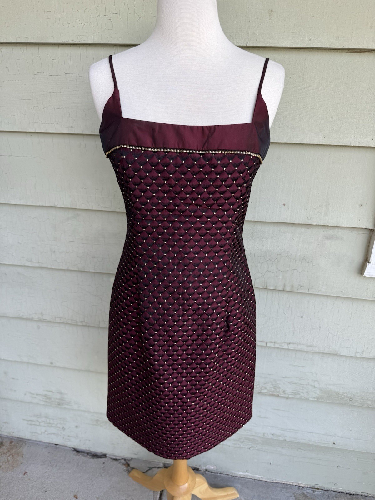 Vtg 90’s Jessica McClintock Mini Dress Burgundy Gold 7 Rhinestones Square Neck