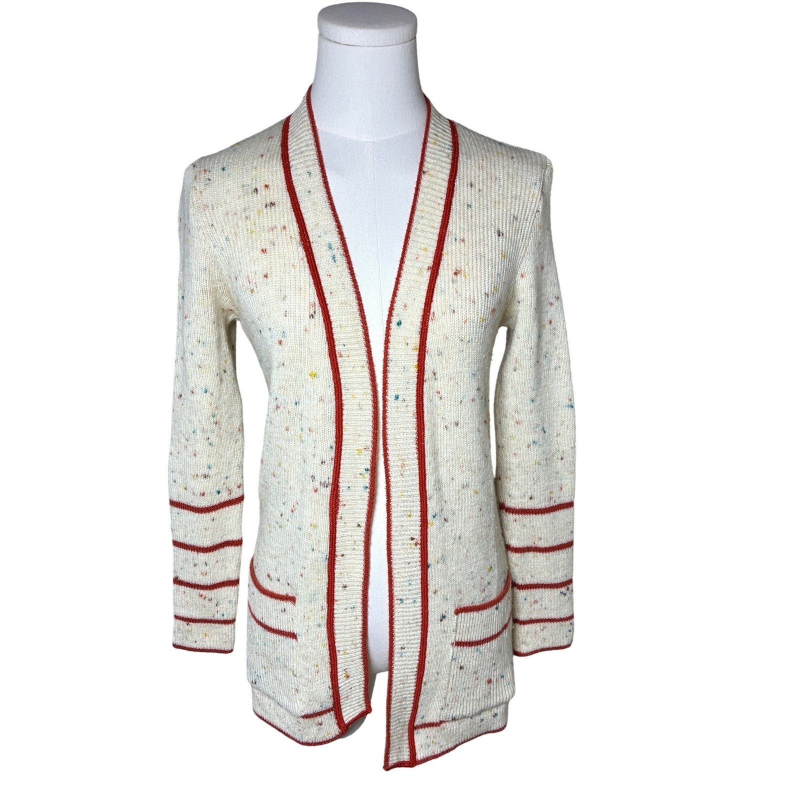 Vintage Roos Atkins Italy Confetti Knit Wool Blend Cardigan Red Trim Medium