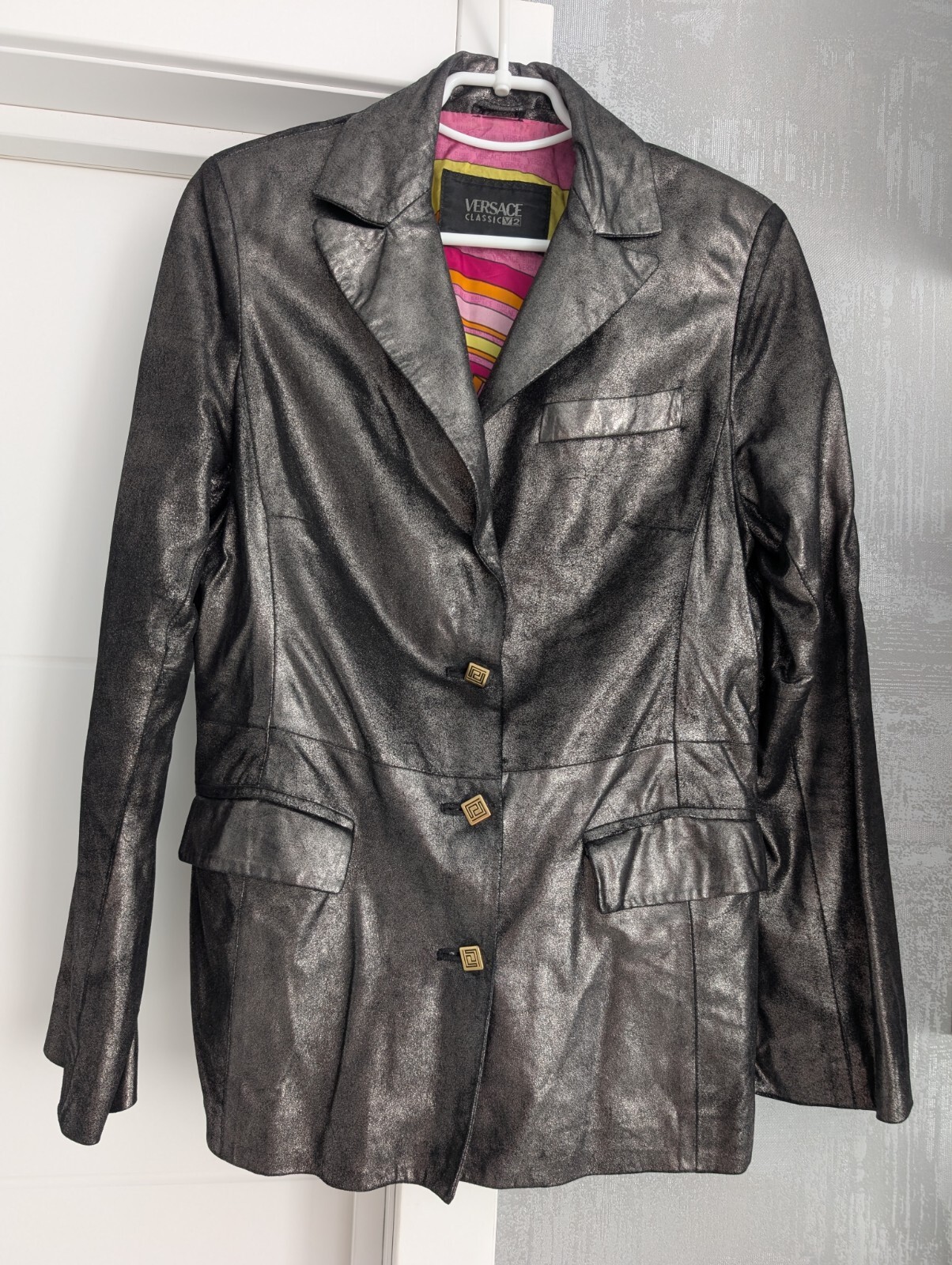 Versace Classic V2 Soft Shiny Leather Jacket Blazer Iridescent Metallic Gray M