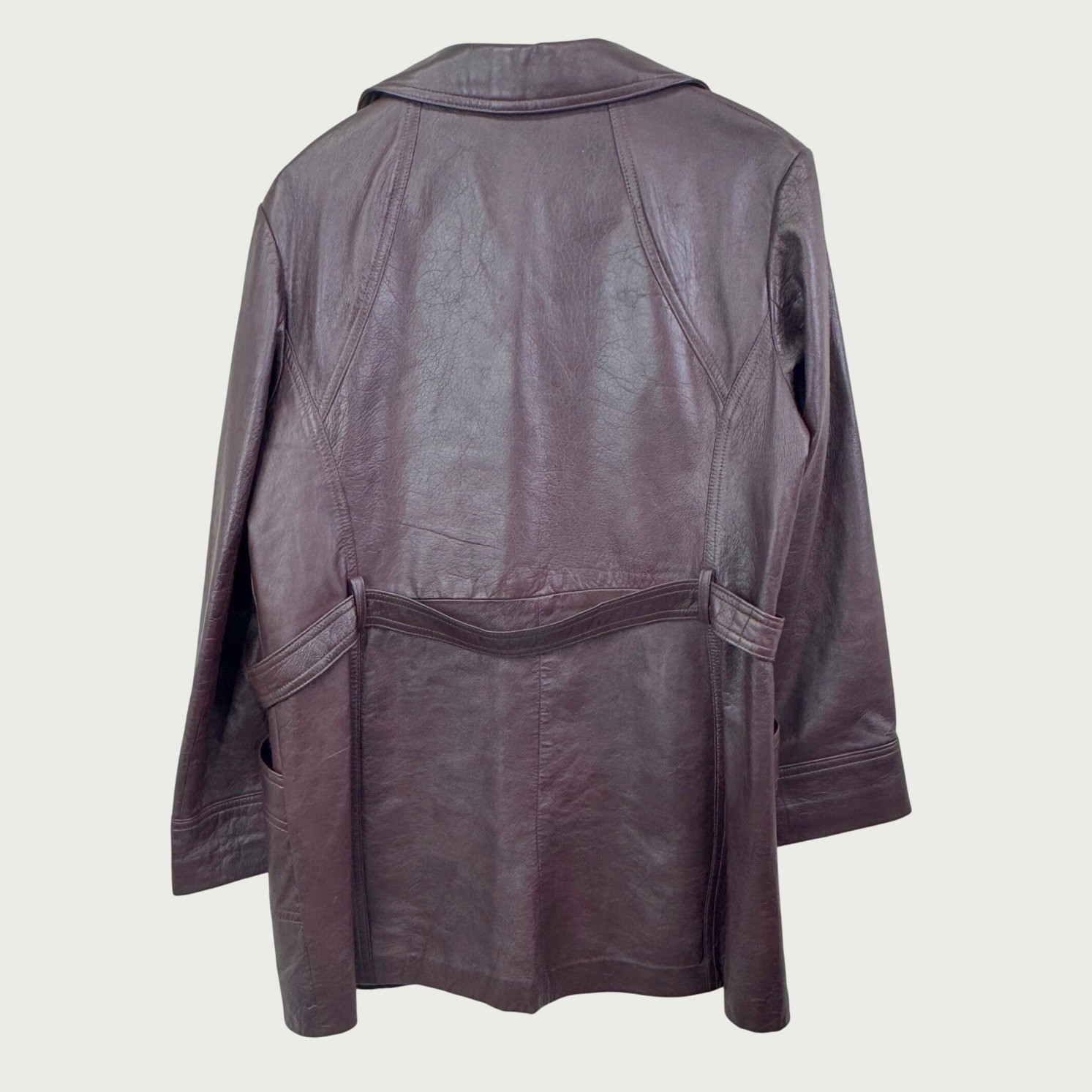 New England Sportswear Leather Jacket Burgundy Brown Vintage 70s Belted Coat USA
