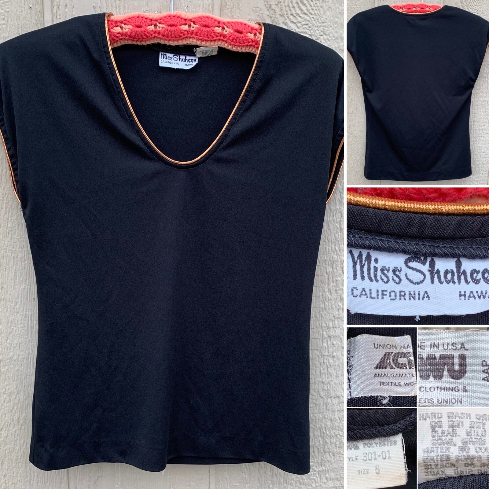 Vintage Miss Shaheen California Hawaii Style 301-01 Polyester V Neck Top Tee 6