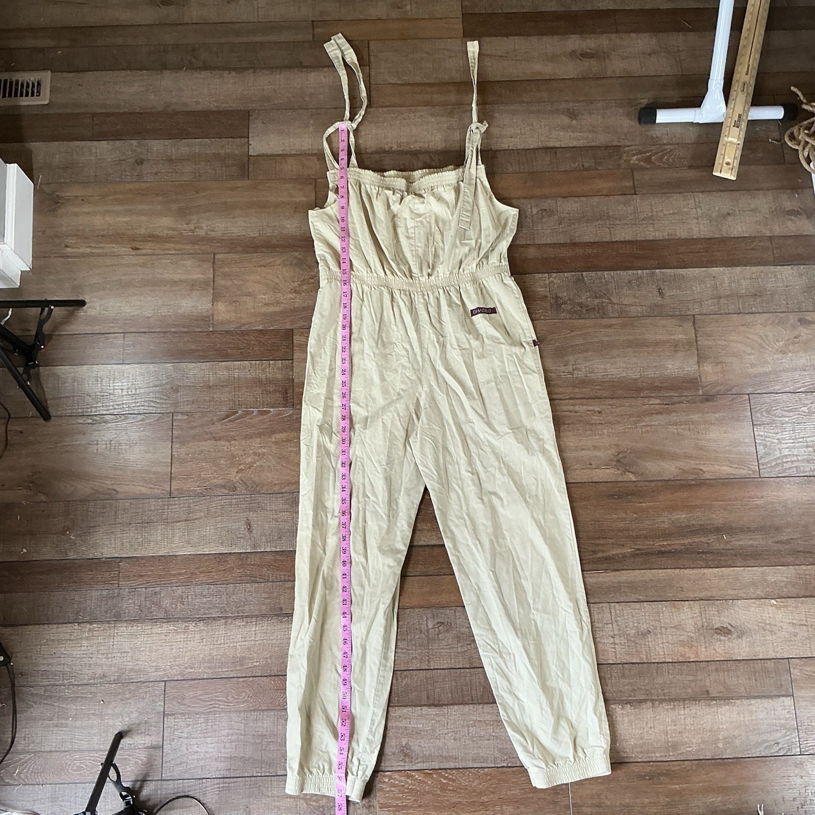 90s VTG SHADES Beige Jumpsuit Womens Sz M Adjustable Straps Elastic Waist #31113