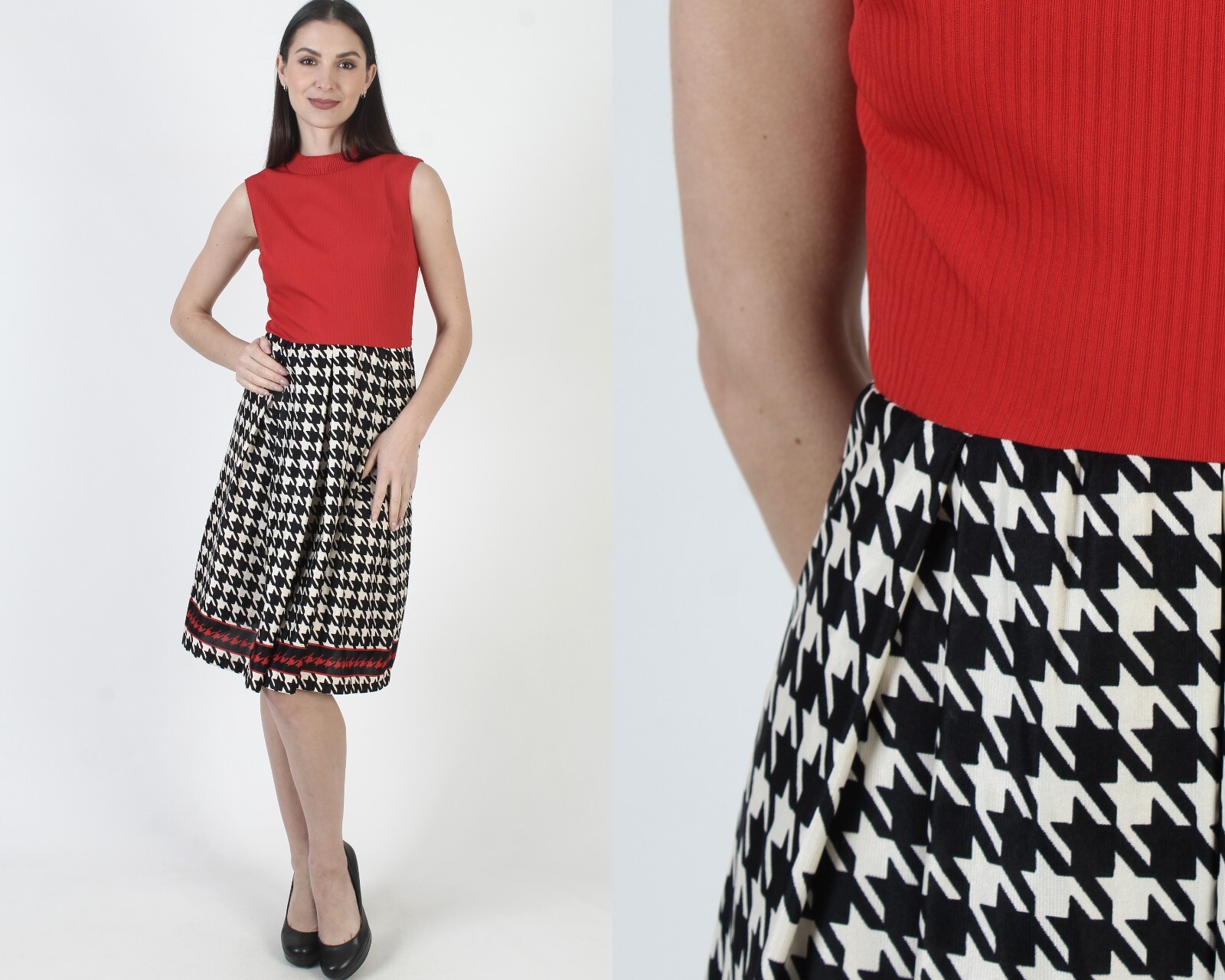 Vtg Houndstooth Print Dress Black White Red Mini Stretch Jersey Cocktail Party