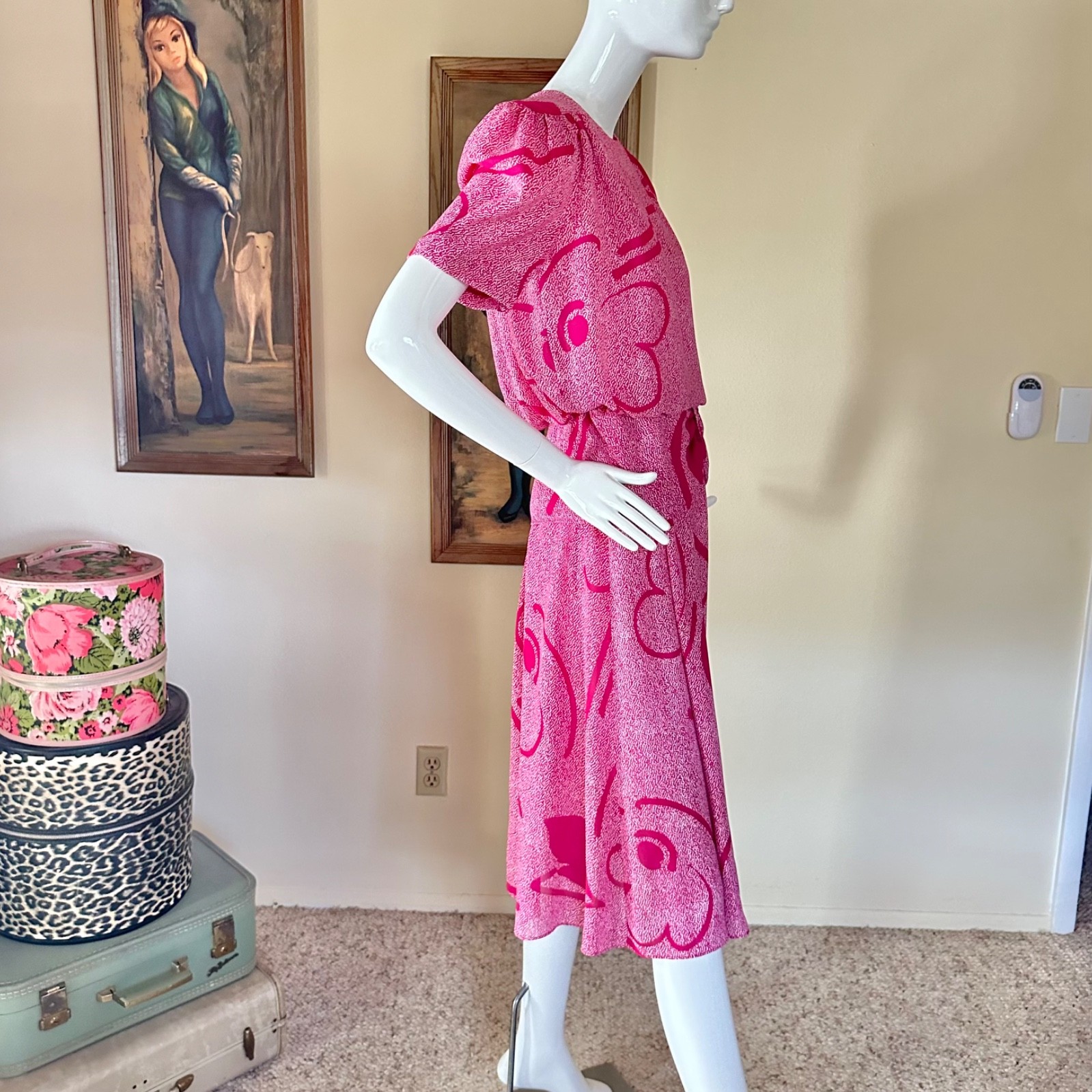 Vintage 1980s New Wave Cartoon Hearts Blouson Peplum Short Sleeve Day Dress M