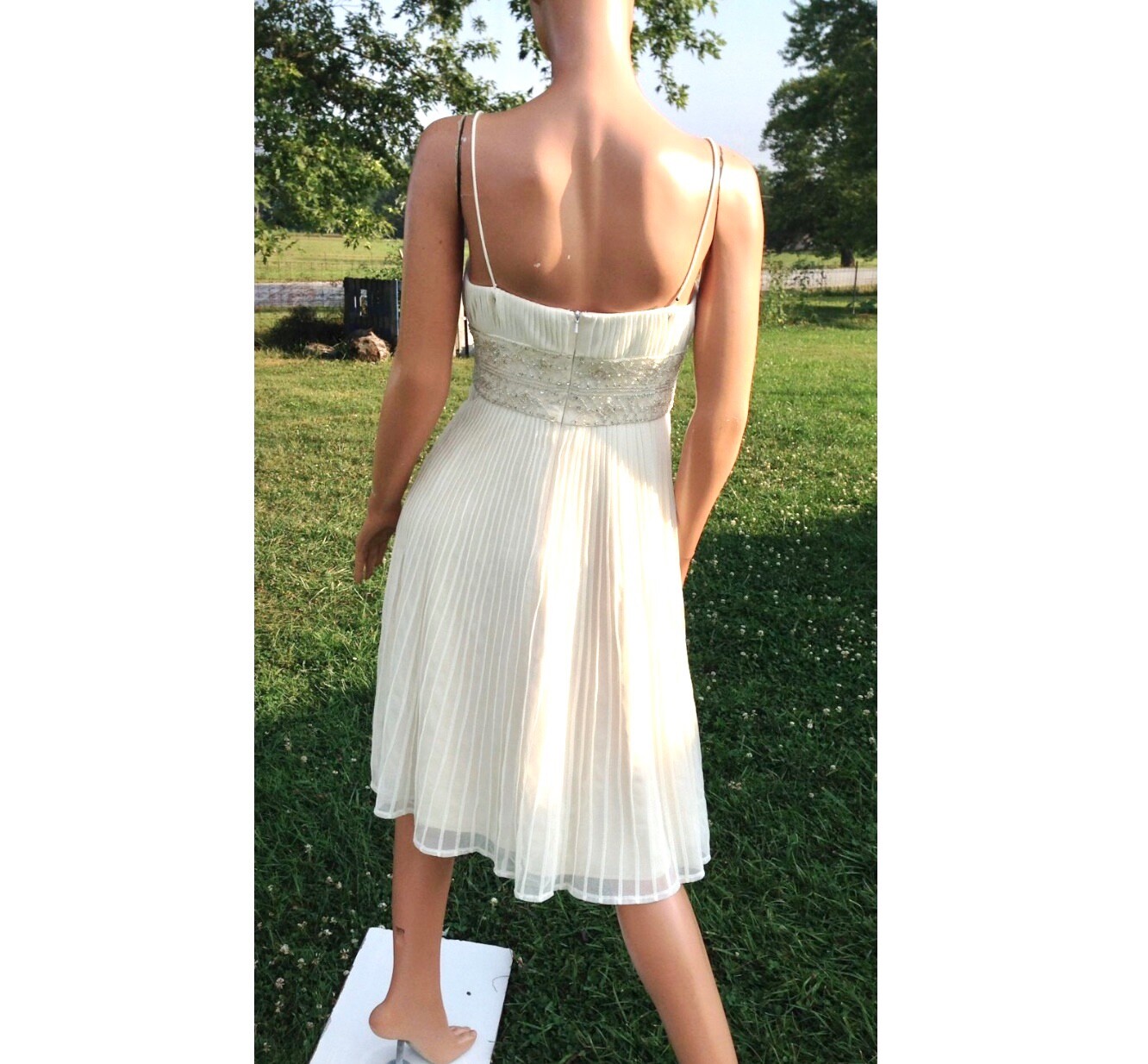 Women’s Ivory Beaded Empire Waist Perma-Pleat Fit & Flare Spag Strap Party Dress