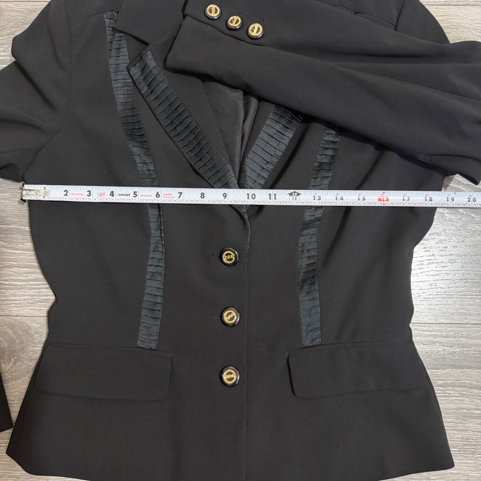Vintage Cache Womens Black Blazer Size 10 Silk Pleated Trim Gold Button Tailored