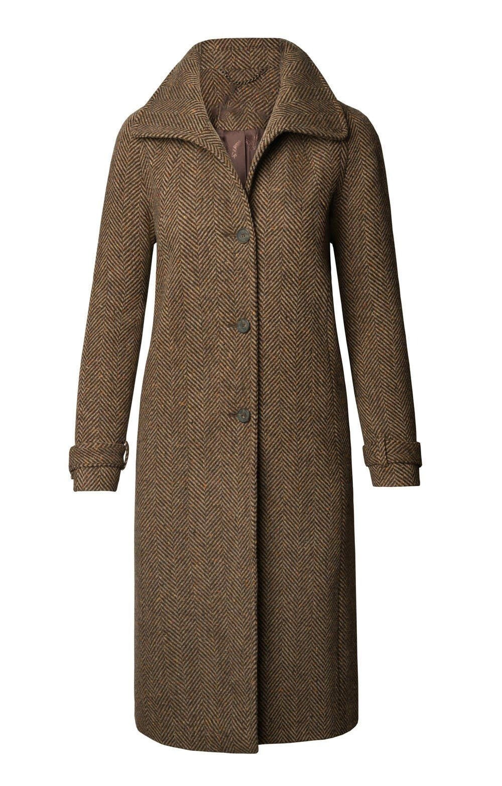 Ladies Brown Coat Herringbone Jacket Single Breasted Tweed Long Winter Business