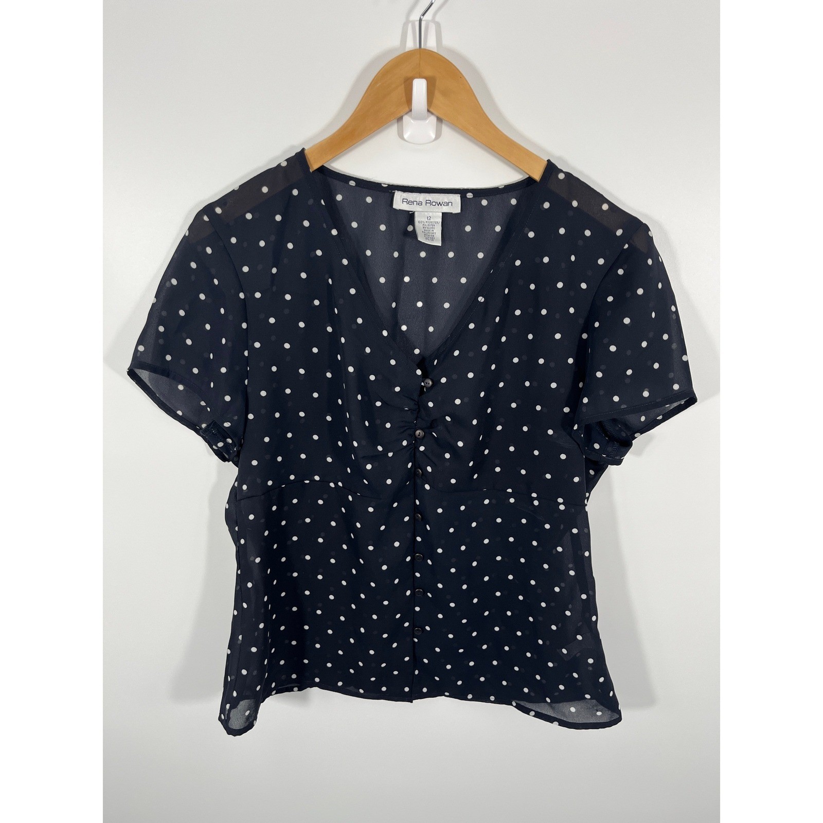 Vintage Babydoll Womens Top 12 Navy Polka Dot Sheer Lightweight Euro Summer
