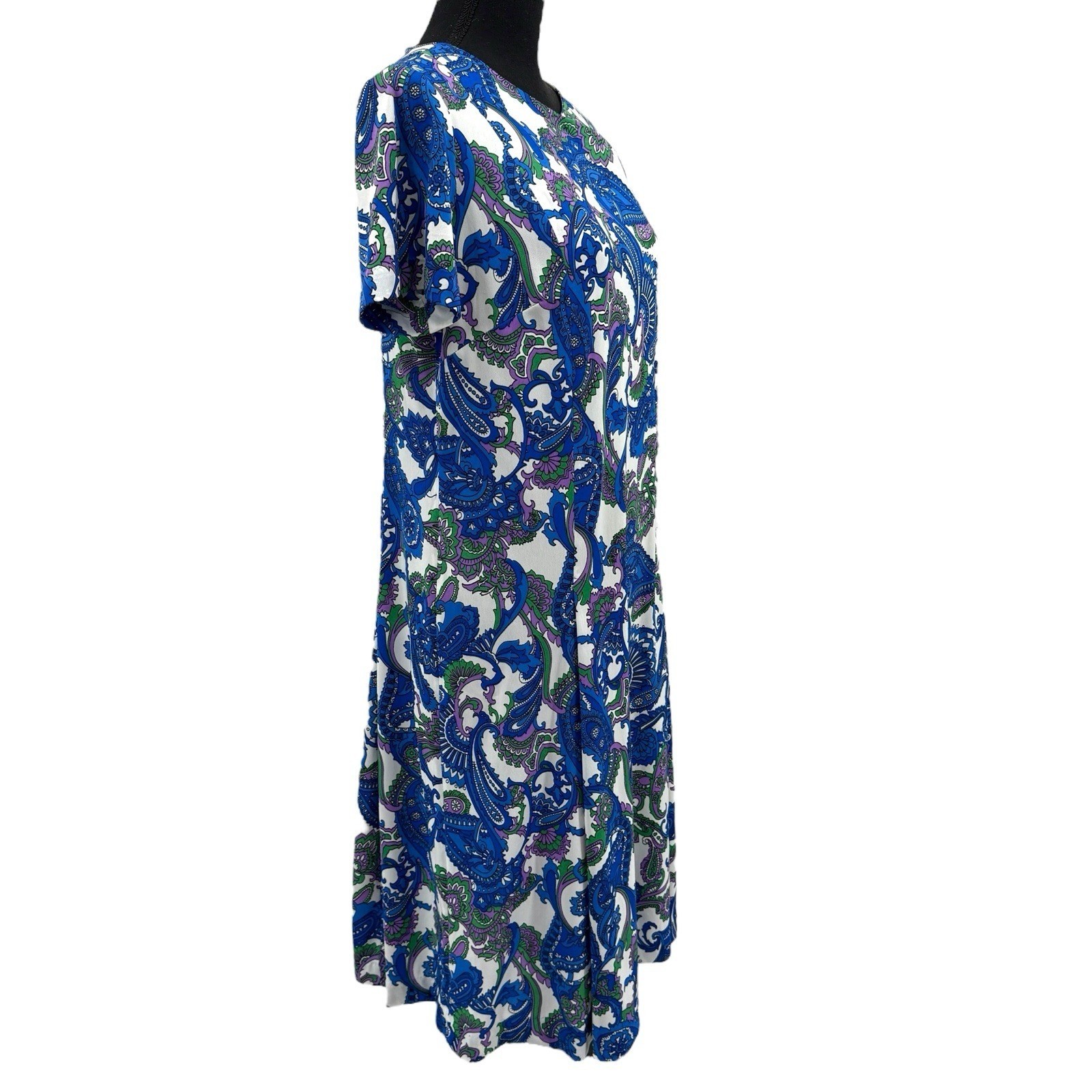 Shelton Stroller Dress Women 60s White Blue Paisley Print Flower Front Zip