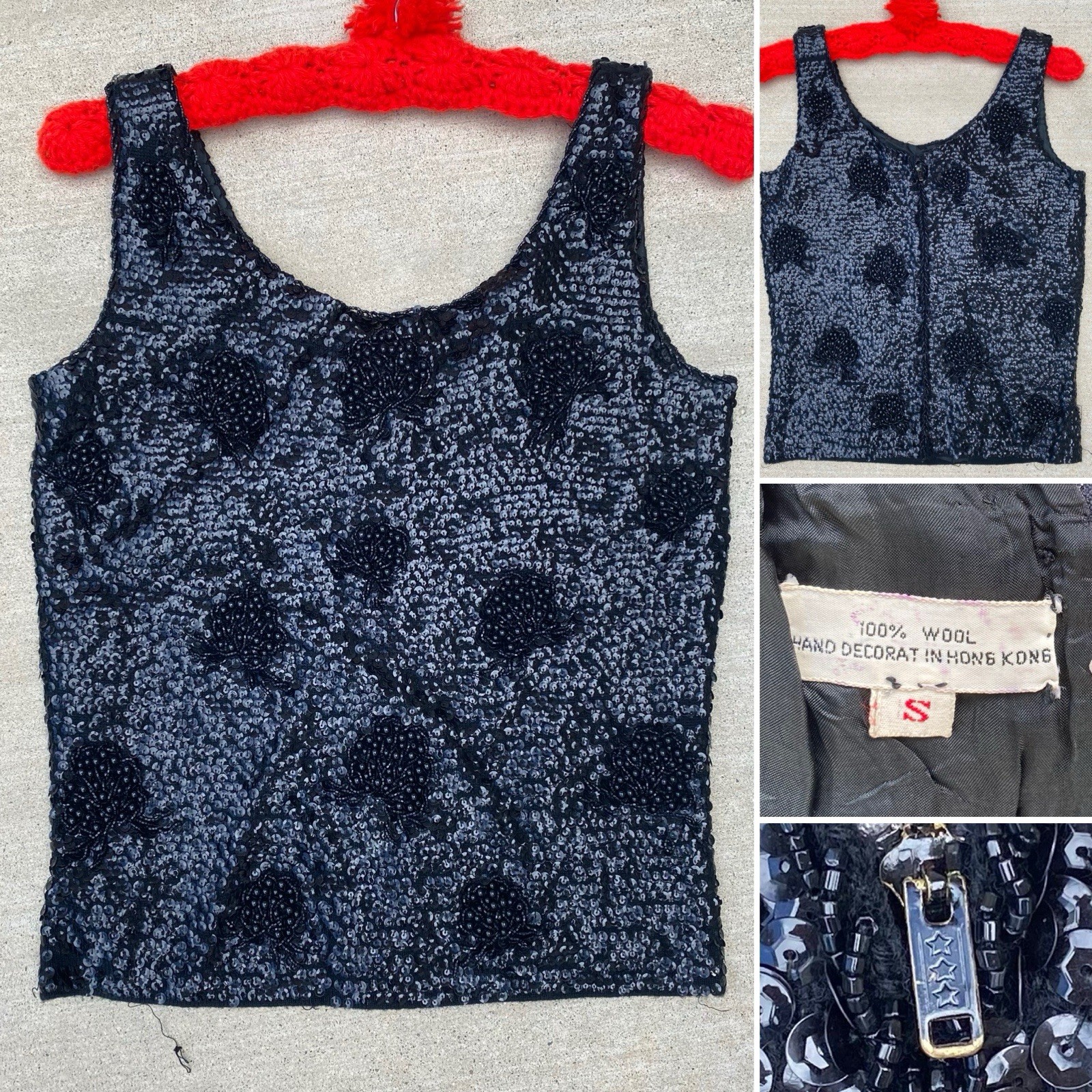 Black Sequin Beaded Wool Top Hong Kong Metal Zip Pinup Glam Tank S 50s 60s Vtg