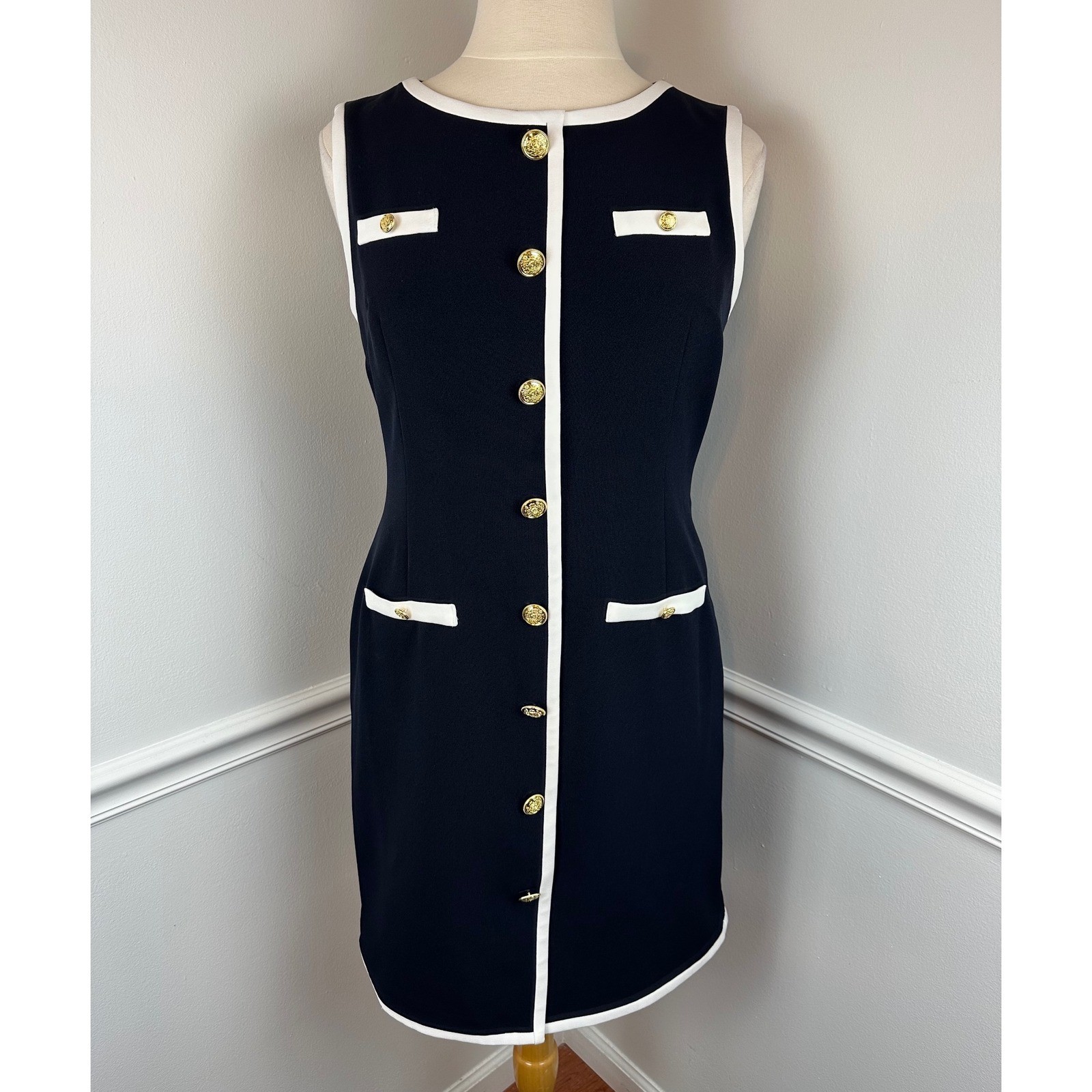 PRESTON & YORK Navy Blue & White Sleeveless Sailor Dress Gold Buttons NWT | 14