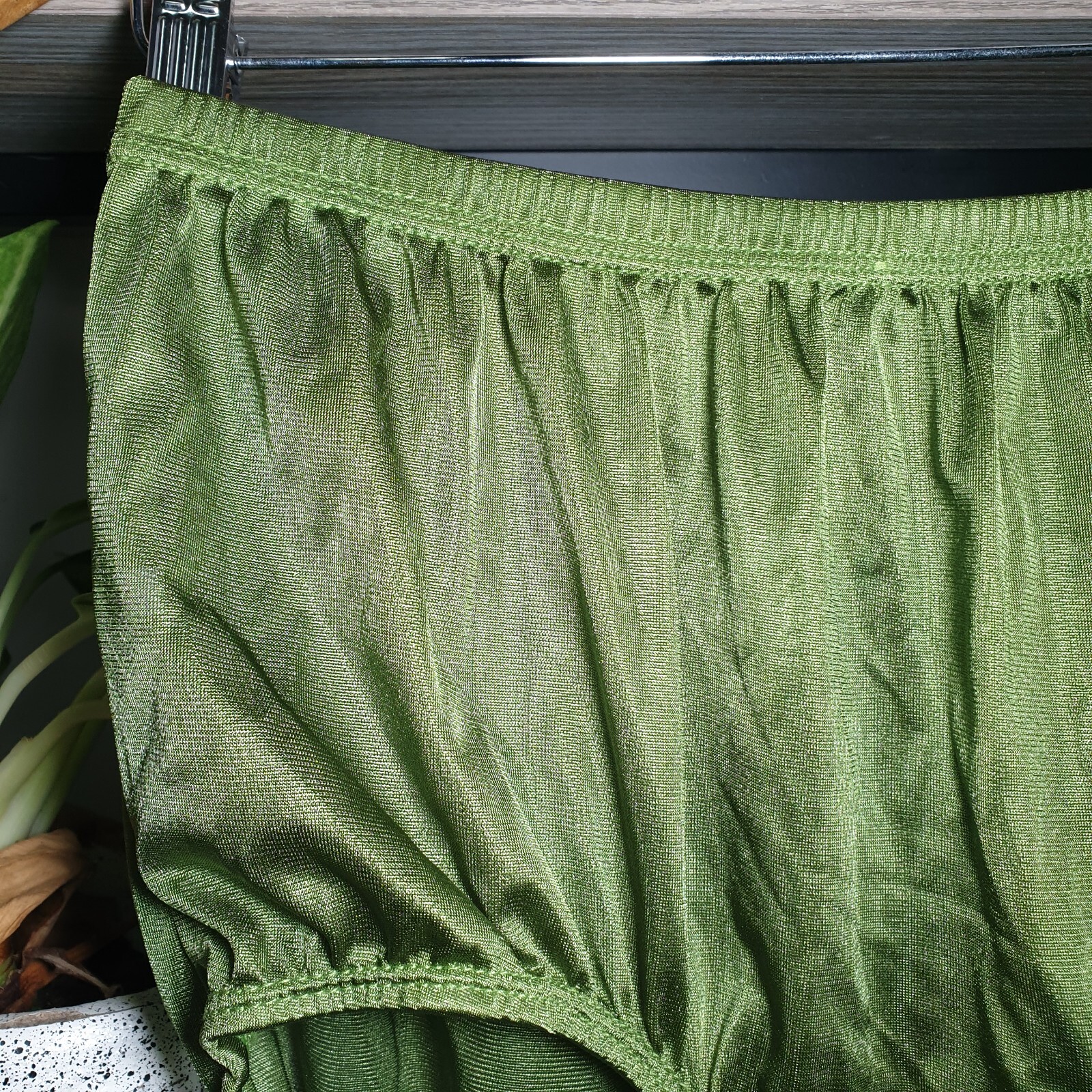 VTG Silky Nylon Panty Olive Green Granny Double Gusset Brief Sz 10-11 Hip 48-52″