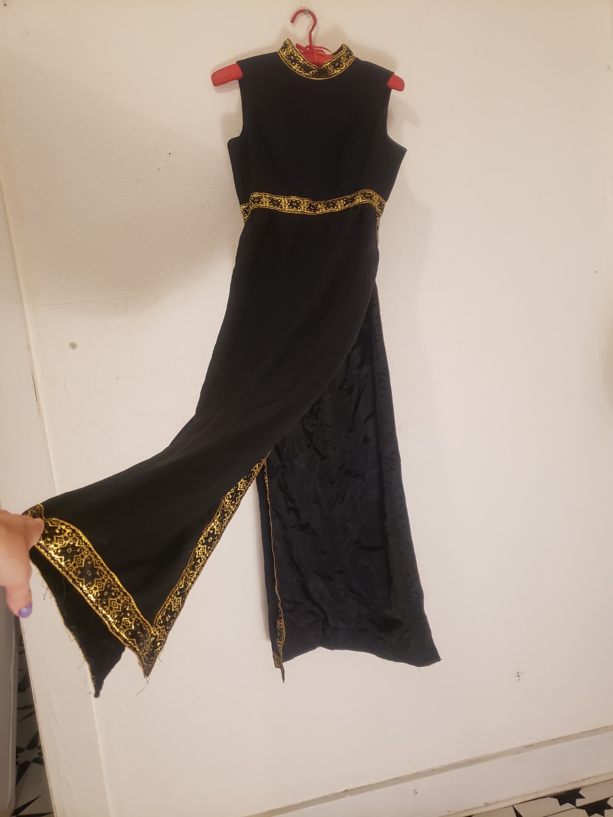 Vtg 60s 70s Grecian Style High Side Slits Maxi Dress Sz M AS IS Black Gold
