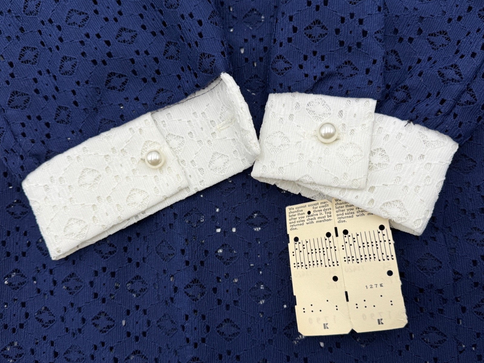 Vintage 1970s Eyelet Peek-a-boo Shirt Dress Navy/White 100% Poly USA NOSWOT
