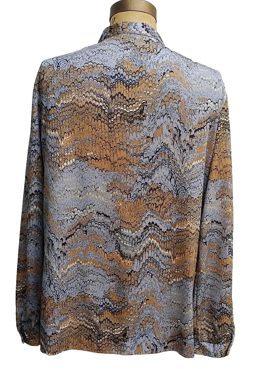 Vintage 1970s Marbleized Print Tunic LS Blouse Mandarin Band Collar Alex Colman