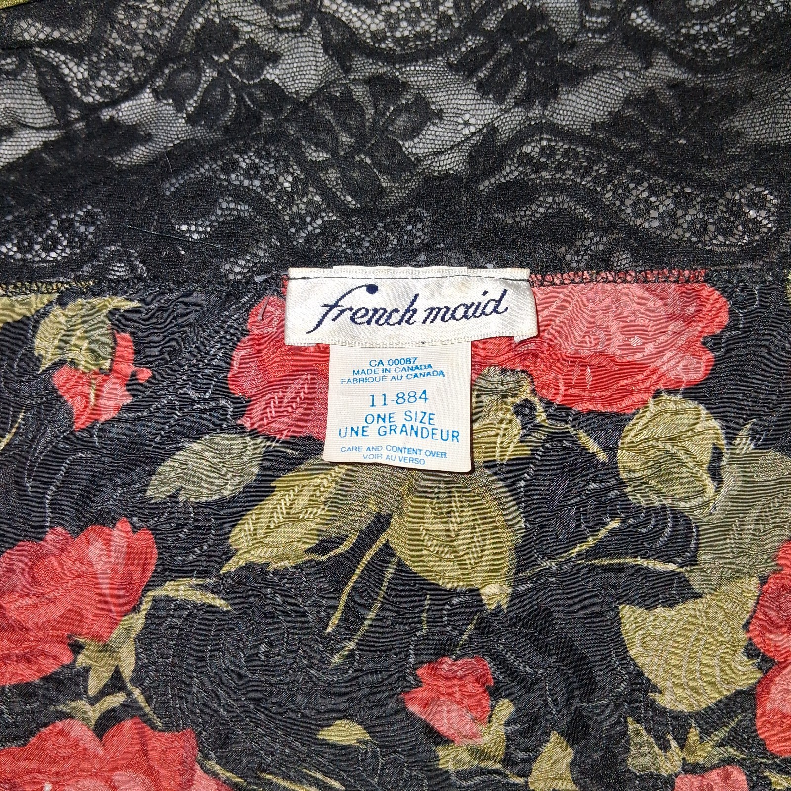 Vintage FRENCH MAID Red Floral Robe ROBE One Size 1960’s LACE Lingerie Cottage