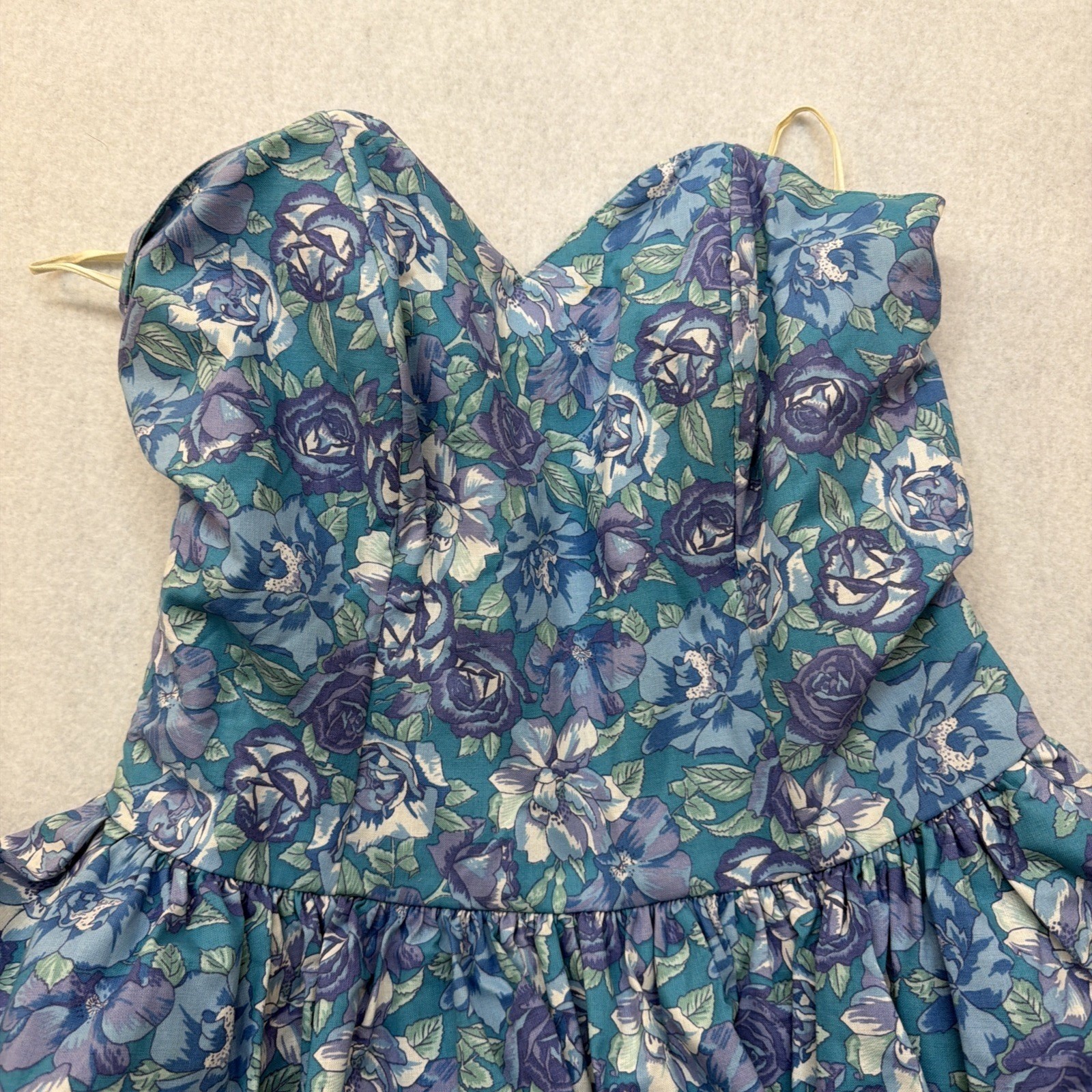 Vtg Laura Ashley Dress Medium Strapless Ruffle Tiers 90s Floral Blue Cottagecore