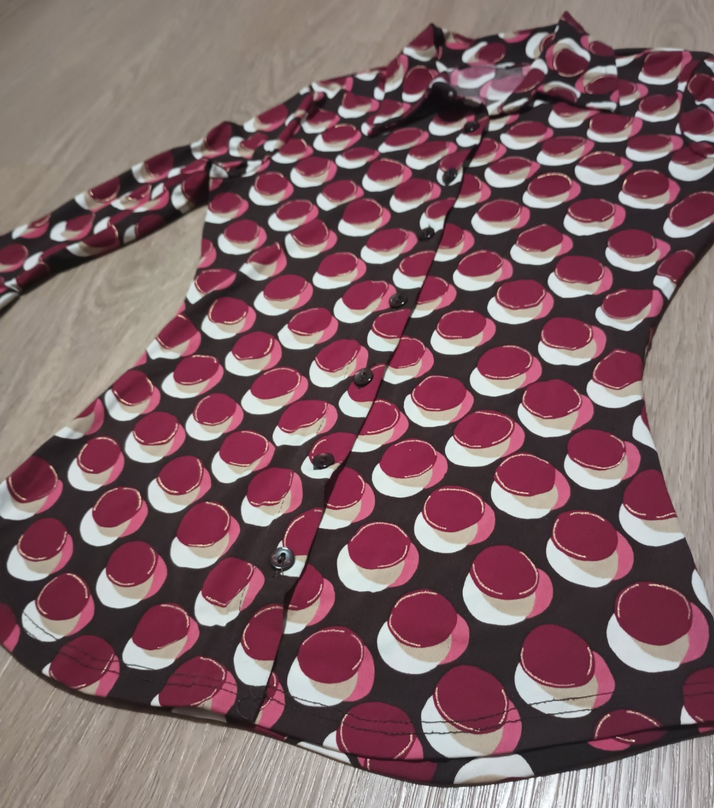 Vtg 70s Burgundy Gold Metallic Psychedelic 3/4 Trumpet Sleeve Top Shirt MOD XS