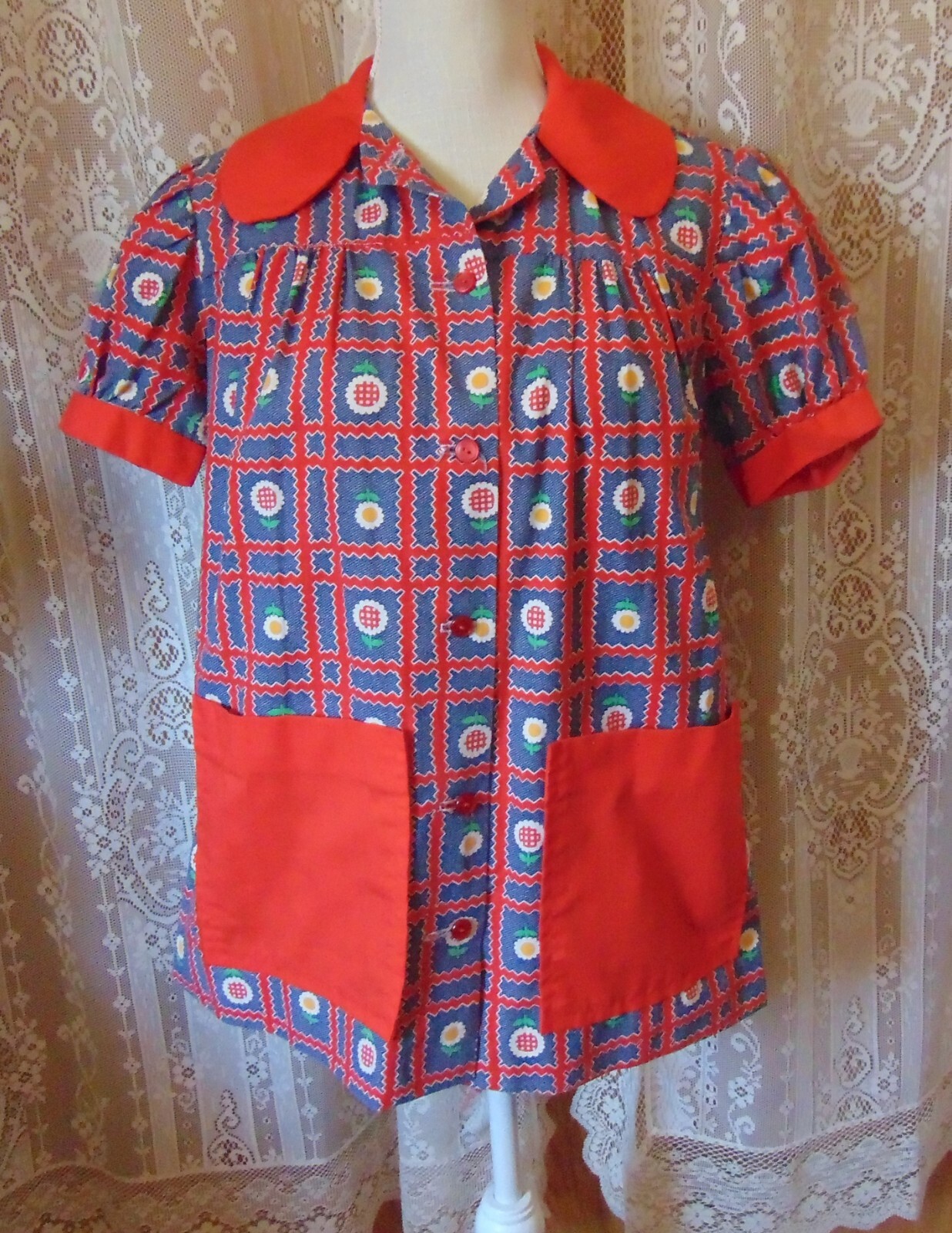 VTG 70s Boho Hippie Denim Look Cotton Smock Top S/M