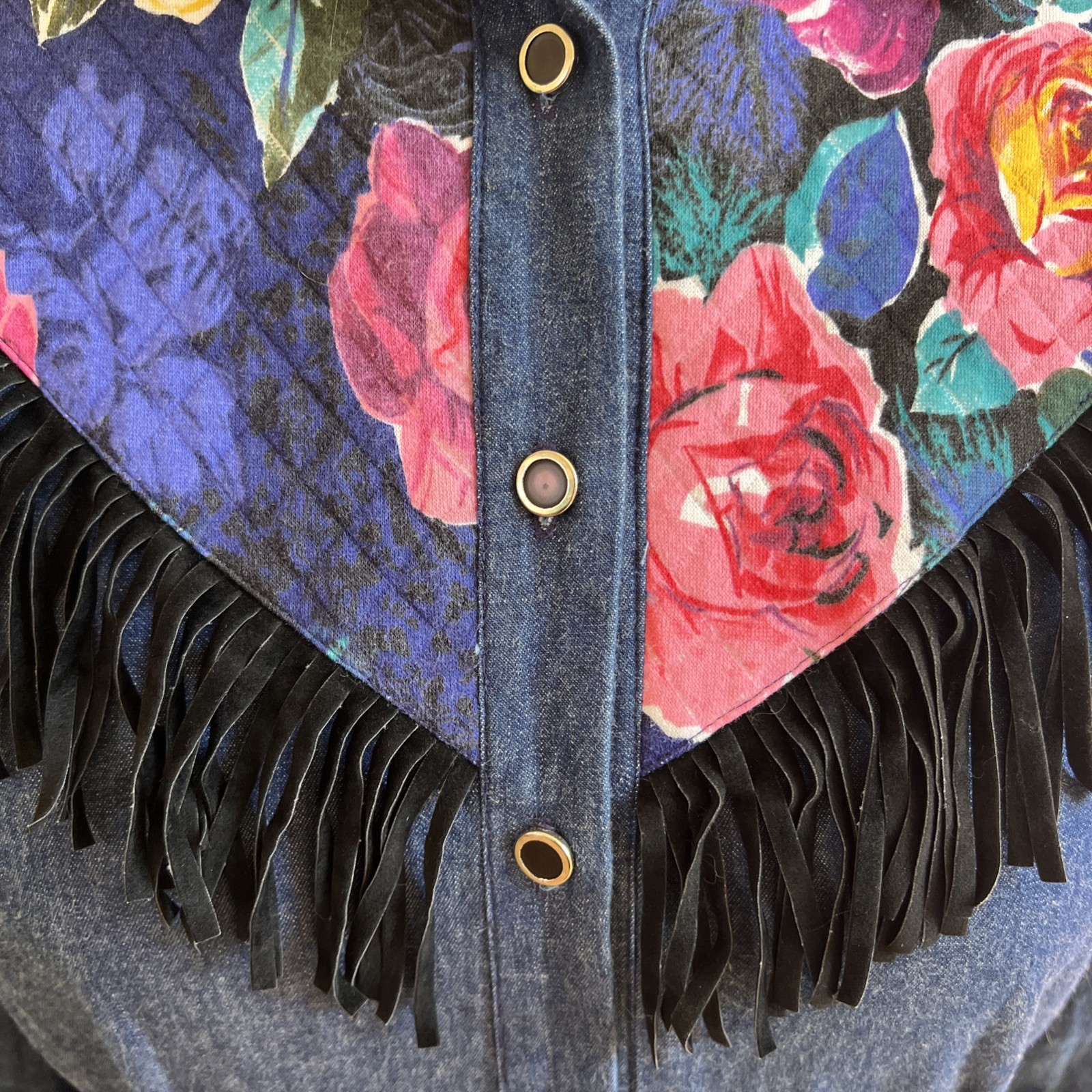 VTG 80s Choon California Denim Maxi Dress Western Floral Quilted Yoke Fringe M L