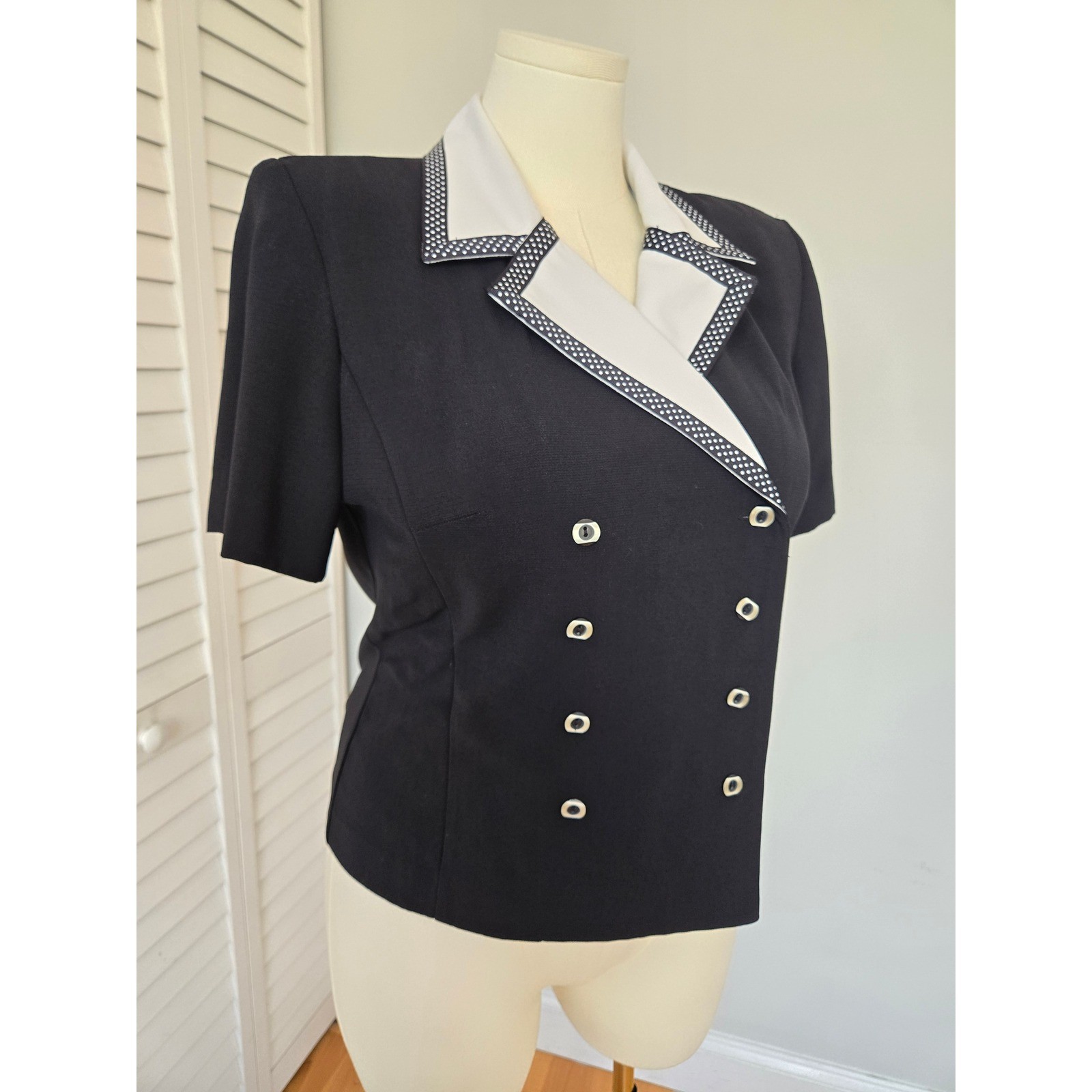 Studio I Black White Polka Dot Trim Blazer Top Sz 12 80s Vtg Retro Office Siren
