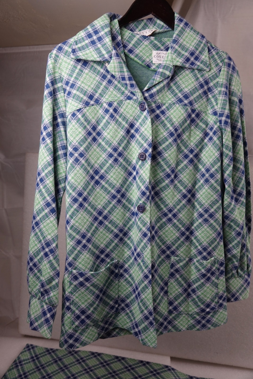 WOMANS VINTAGE 3 PIECE COS COB GREEN & BLUE PLAID ACRYLIC USA SIZE 11/12