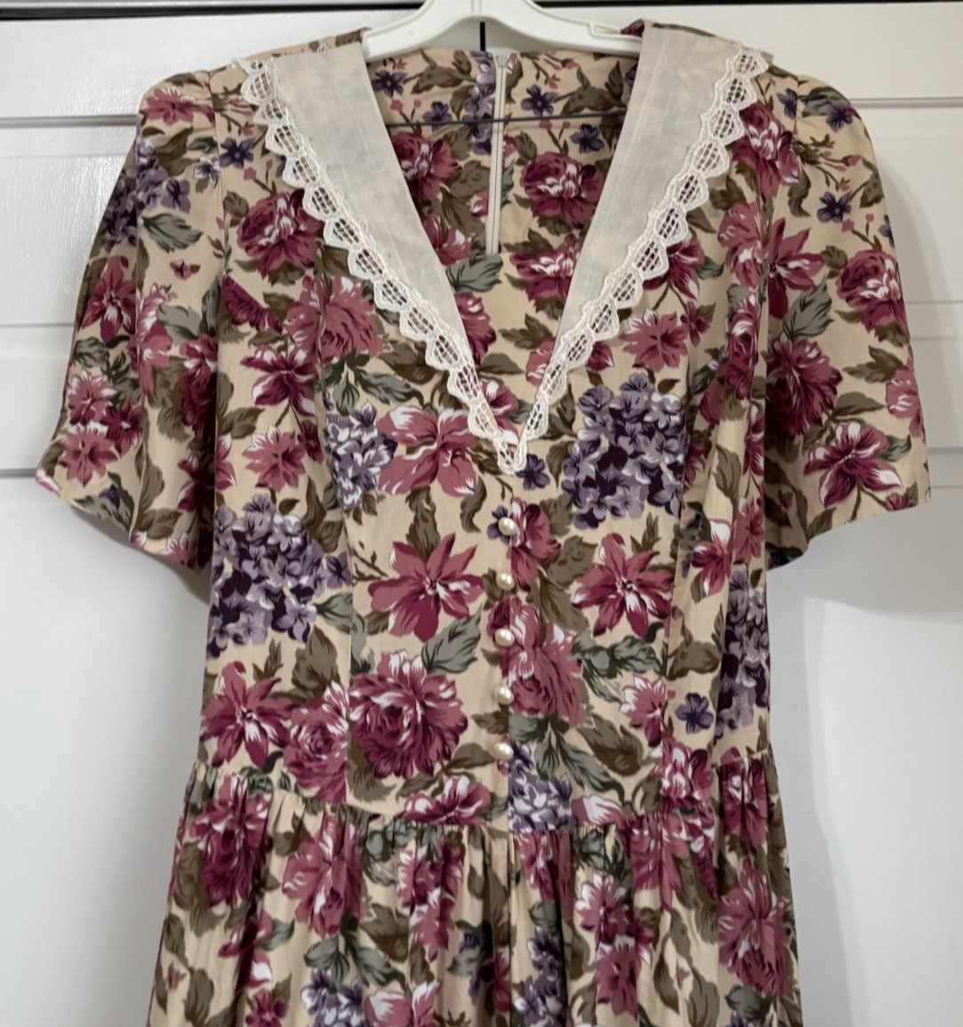 Vintage Floral Lace Collar Midi Dress~ Sz 12/14? Tea Garden Party COTTAGECORE