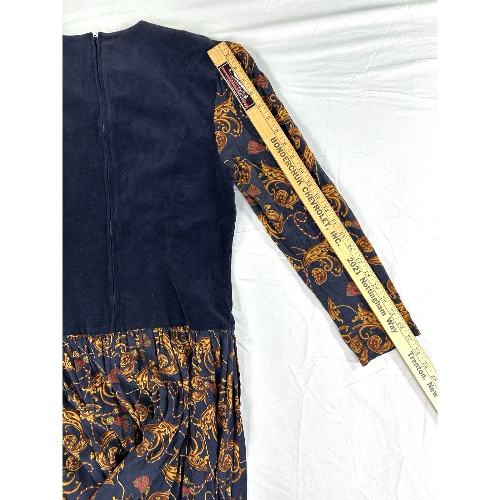 Donna Morgan Vintage Navy Velvet Paisley Midi Dress Gold Tassel 80s Size 11/12