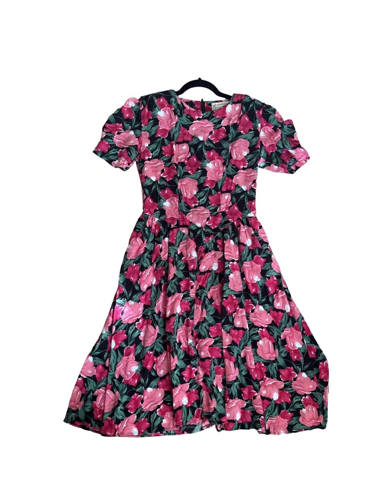 80s Vintage Red Pink Floral A Lime Midi Dress With Shoulder Pads Size S/M