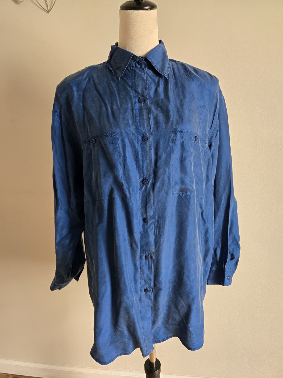 Louise Paris Women Vintave Shirt/szM/dark Blue/oversize/silk/pockt/botton/blouse
