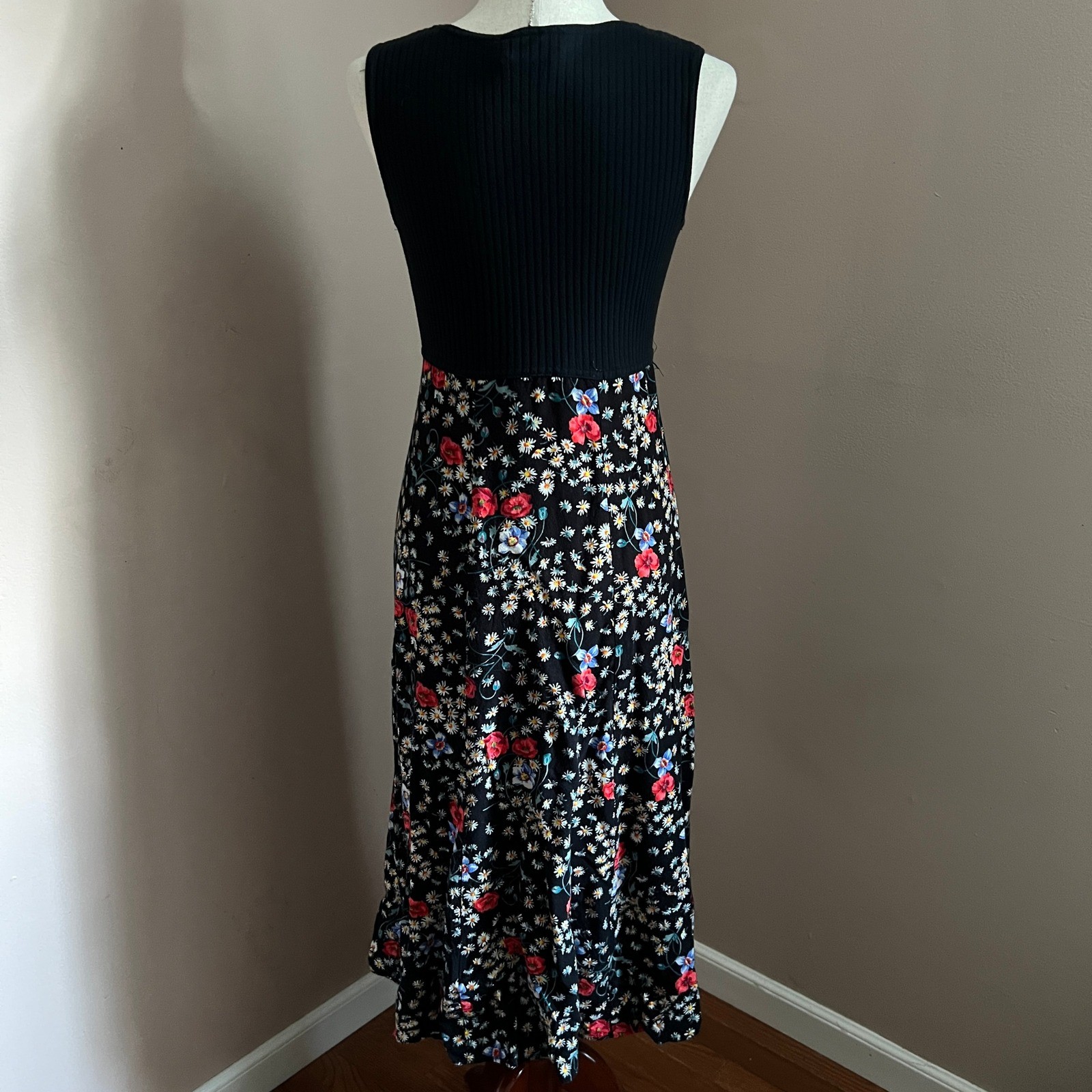 Vintage 90s Prairie Cottagecore Impressions Floral Midi Dress Black Boho Size S