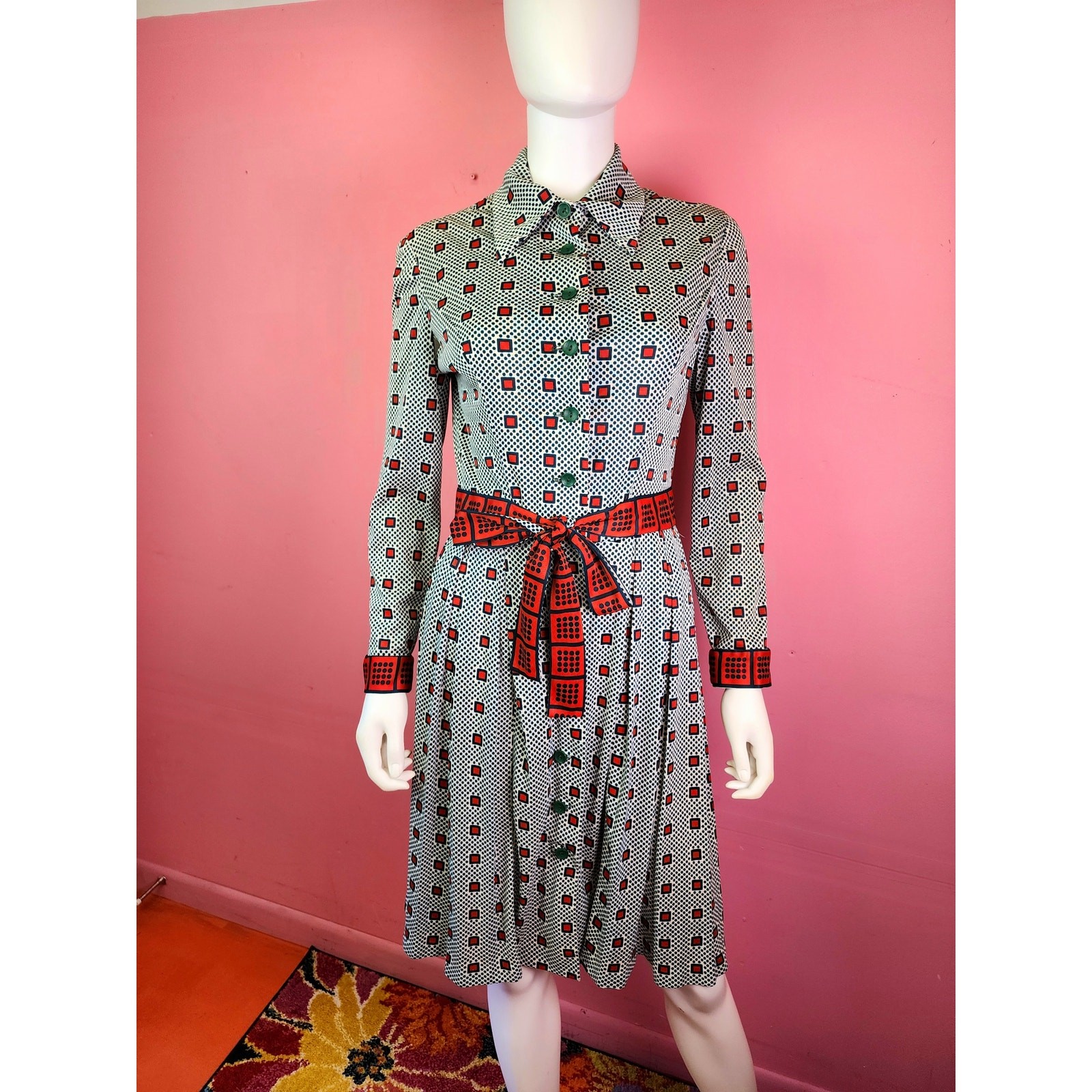 Vintage 1970’s Green and Red Checkered Dot Patterned Pleated Shirt Dress