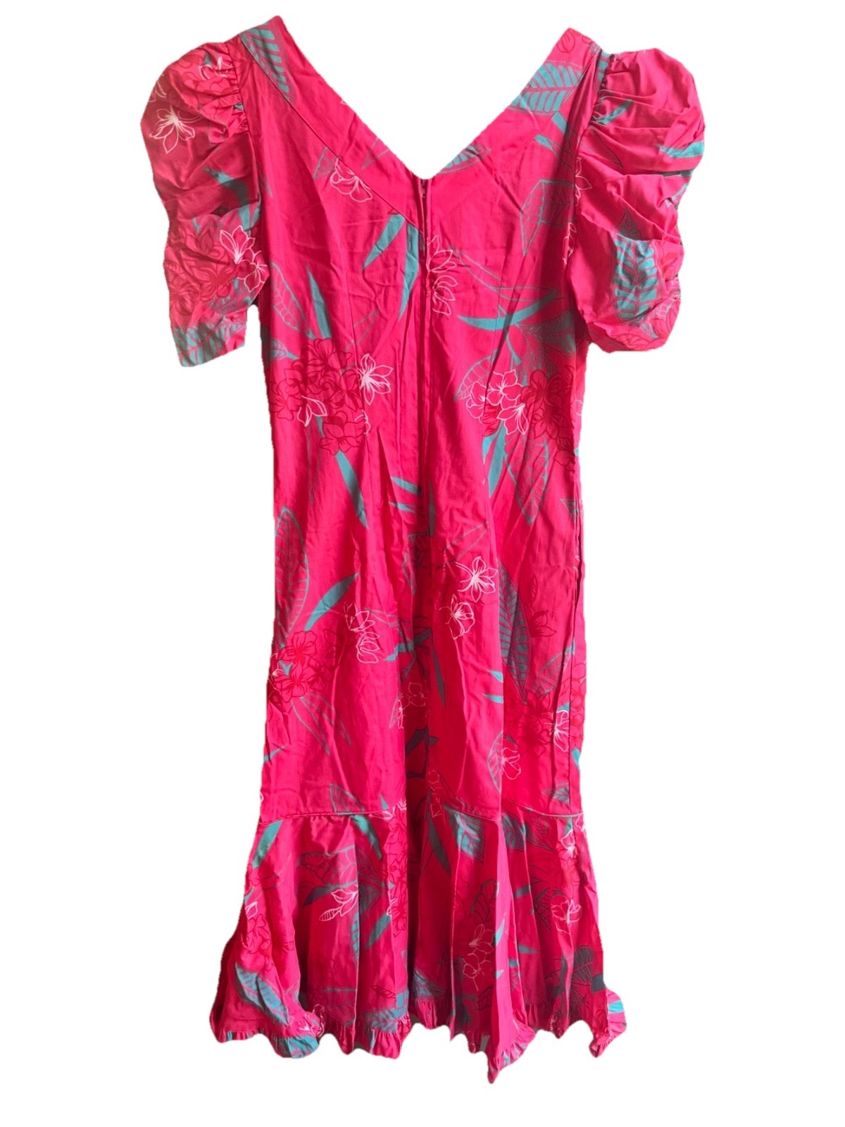 Vtg Hilo Hattie Dress Size 8 Pink Green Floral Print Long 1/2 Sleeve Hawaii