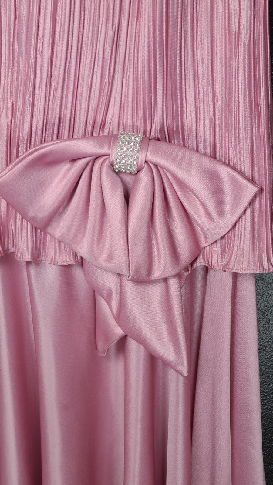 VINTAGE 80s AFTER DARK Pink SZ 7/8 Evening Satin Crepe Dress Bow Rhinestone