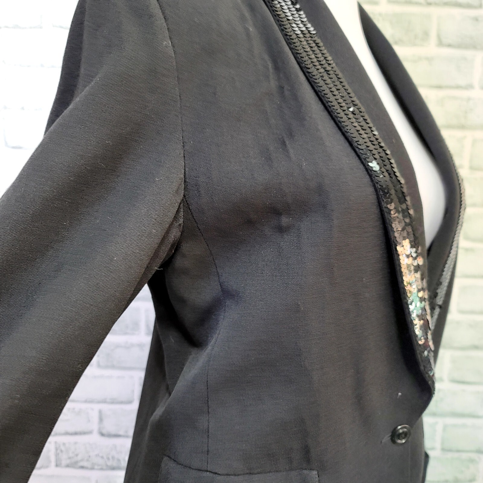 Vintage 70s Ted Lapidus Diffusion Womens 42 Black Sequin Collar Blazer 1 Button