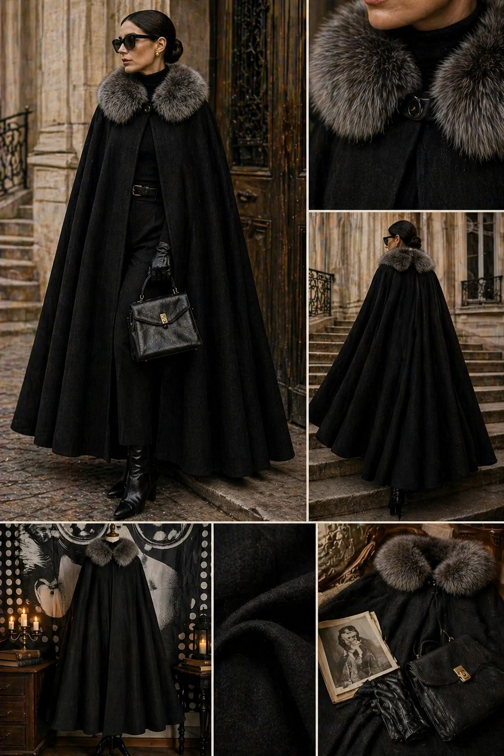 ✨ Vintage Couture Cape 60s Black Wool Cape Real Fur Collar Old Money XL