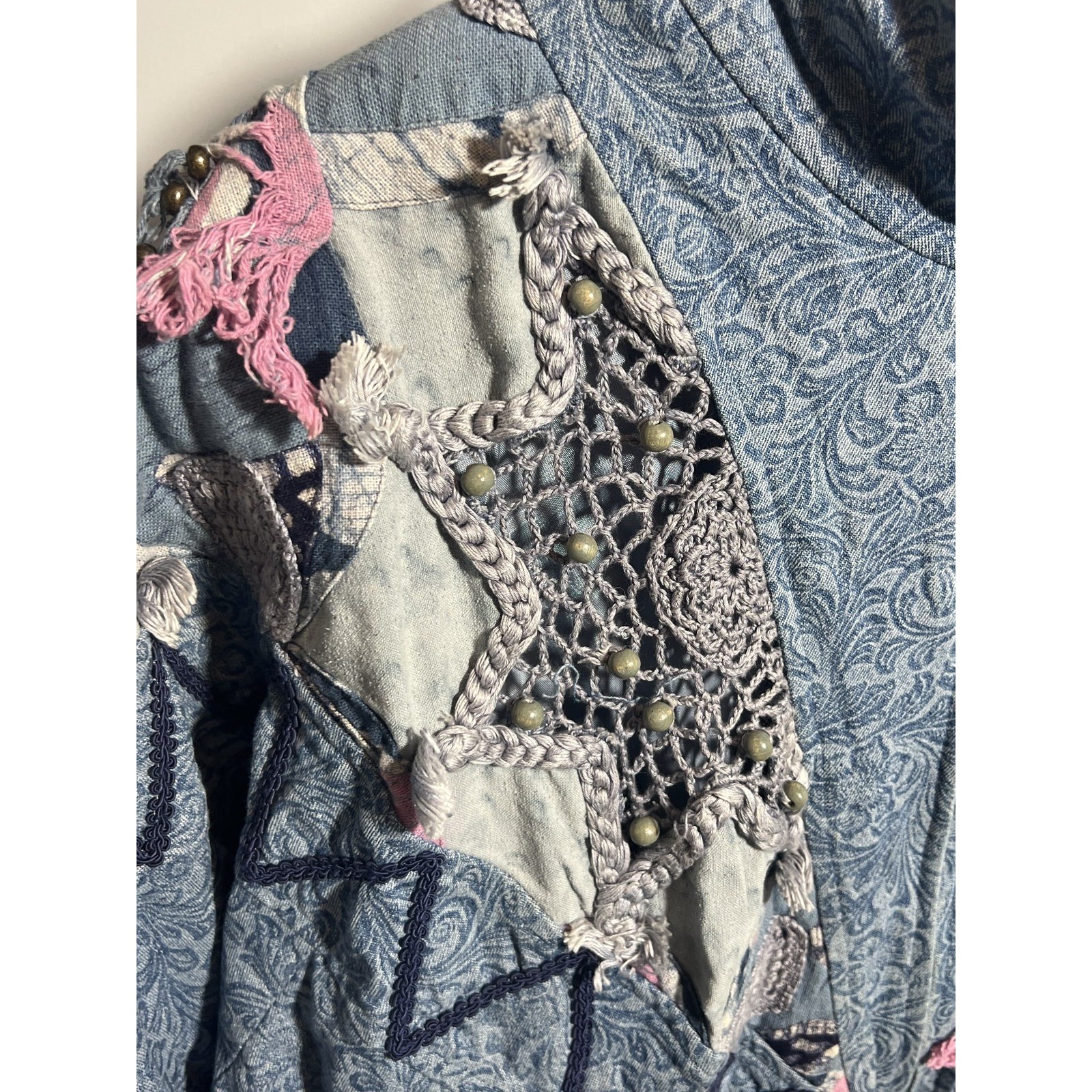 Vintage LIM’S Women’s Bomber Jacket 80s Denim Patchwork Embellished Art-to-Wear