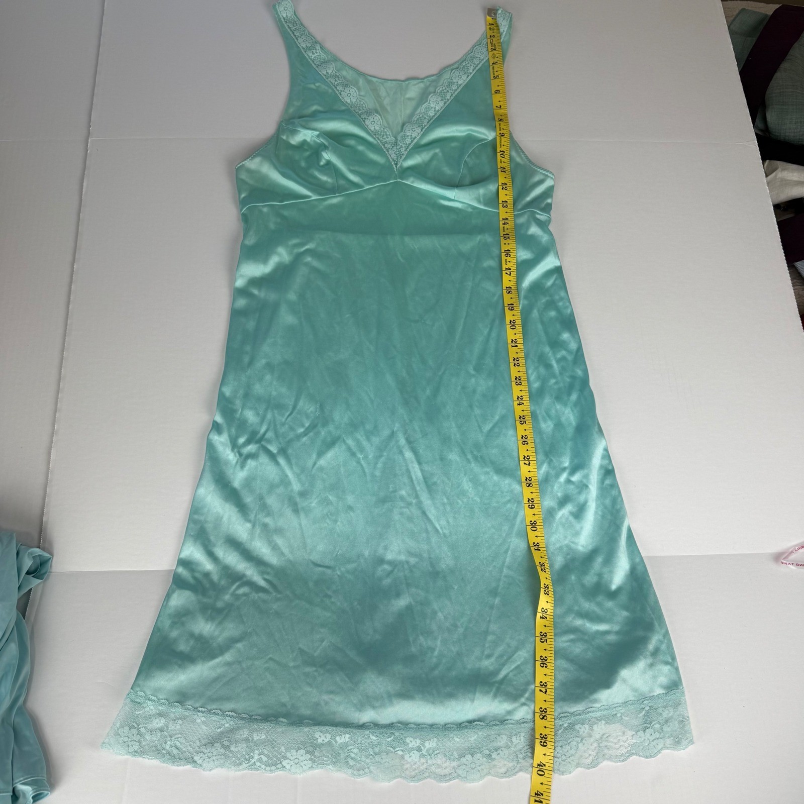 Vintage Aqua Mint Green Lace Trim Full Slip Dress V-Neck Nightgown 34 Bust M
