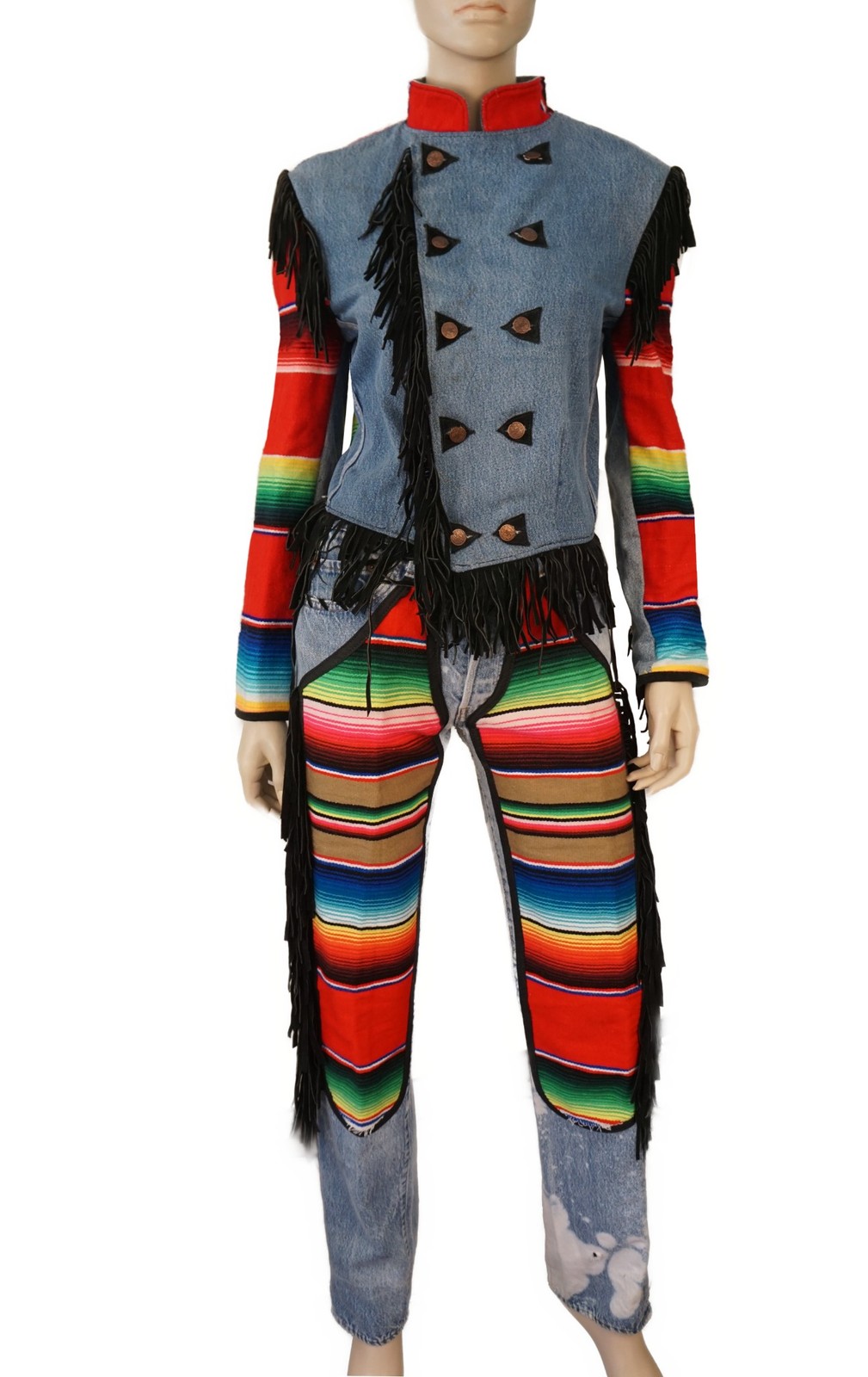 VINTAGE 80s Reworked Levi’s Jacket Sml Jeans Med Leather Fringe Mexican Blanket