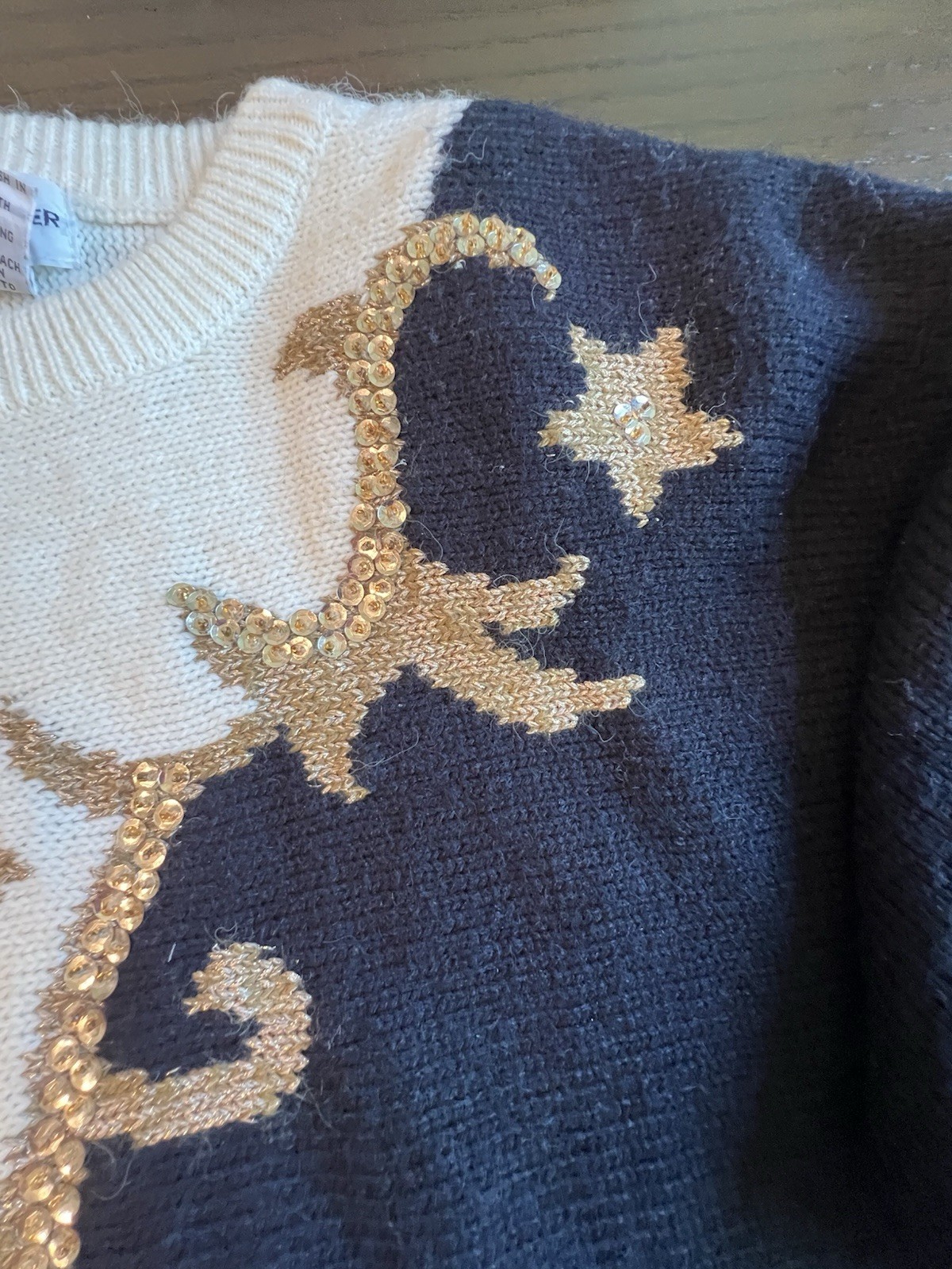 Vintage Alfred Dunner Sweater L Black Cream Gold Sequin 80’s Shoulder Pads Lrg