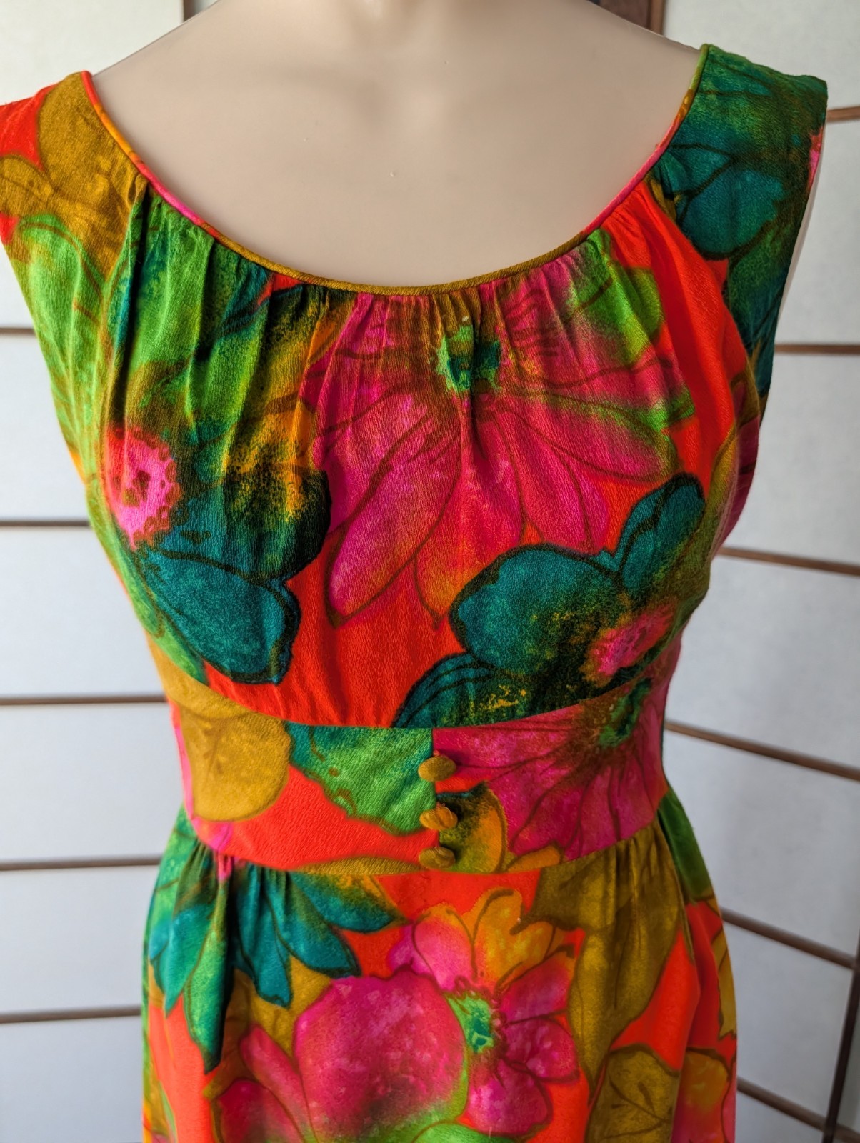 Vtg McInerny By Sydney Hawaiian Dress MuuMuu Maxi Midi Barkcloth Sz XS Day Glo