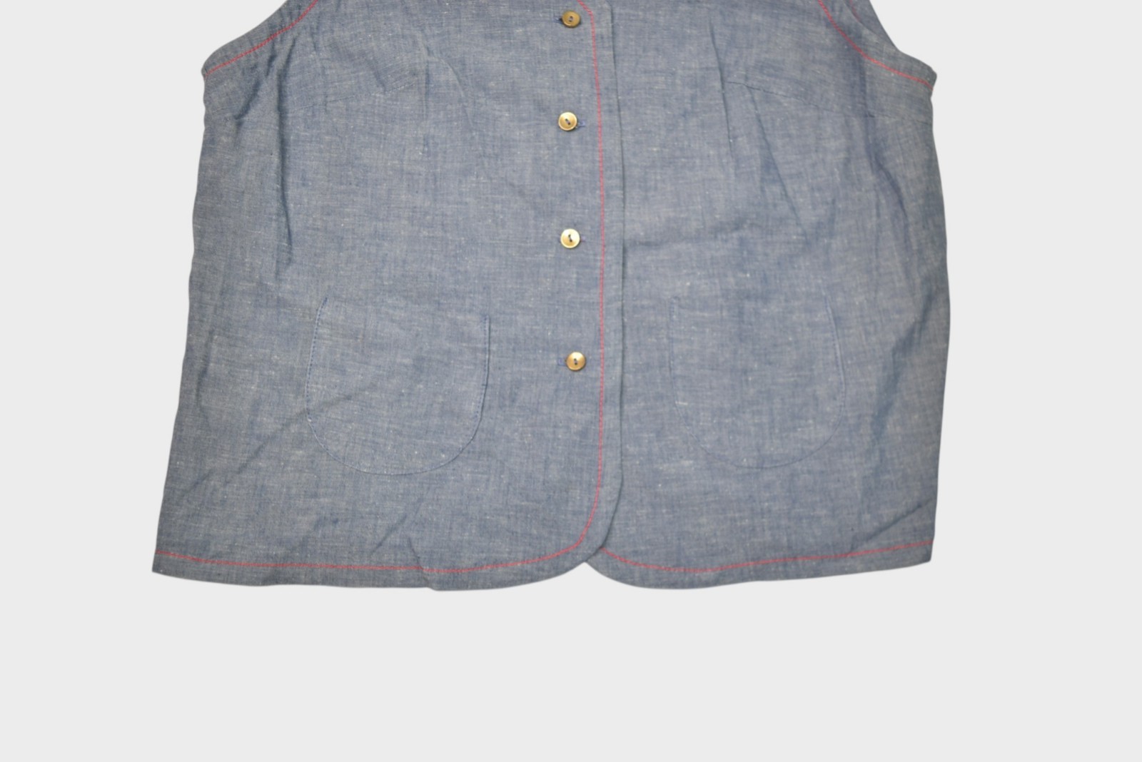 Vintage Sears Blouse Womens Medium Chambray Sleeveless Vest Shirt Button V Neck