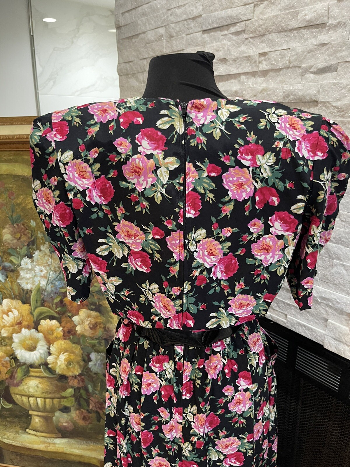 VTG 80s Cottage Core Trad Wife Floral Party Belted Day Dress Modest Size 1